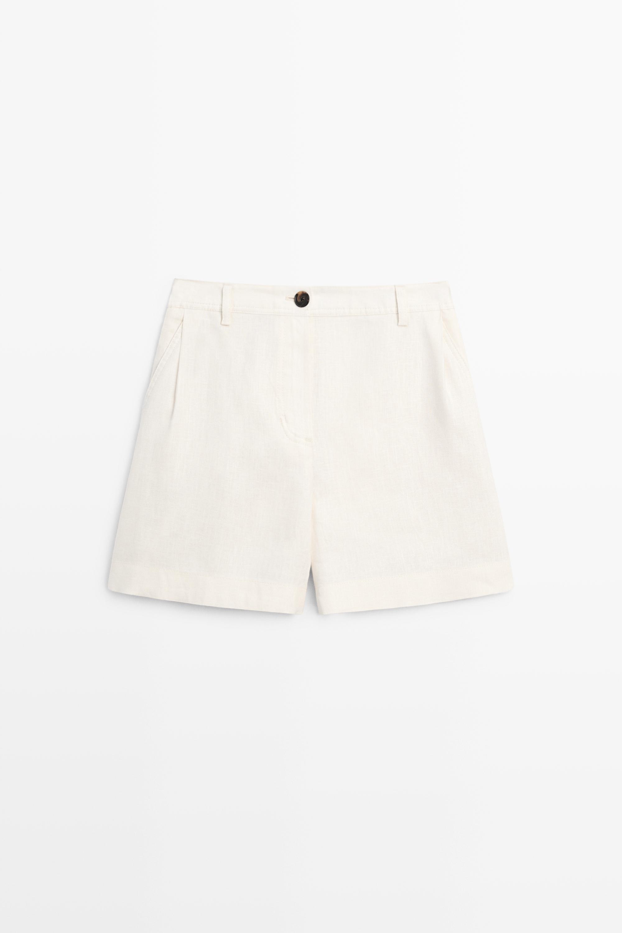 Pleated 100% linen shorts