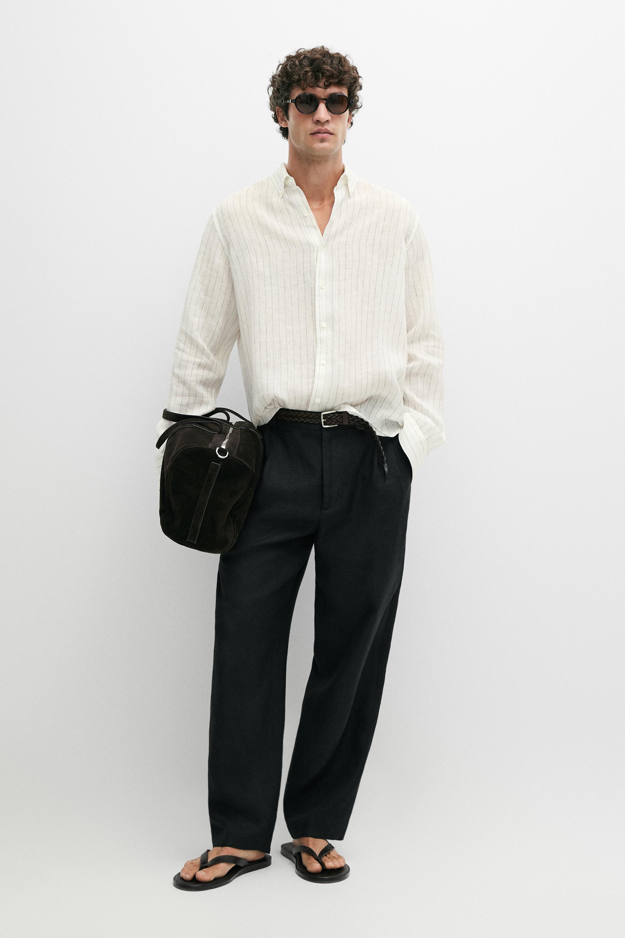 100% linen regular fit striped shirt