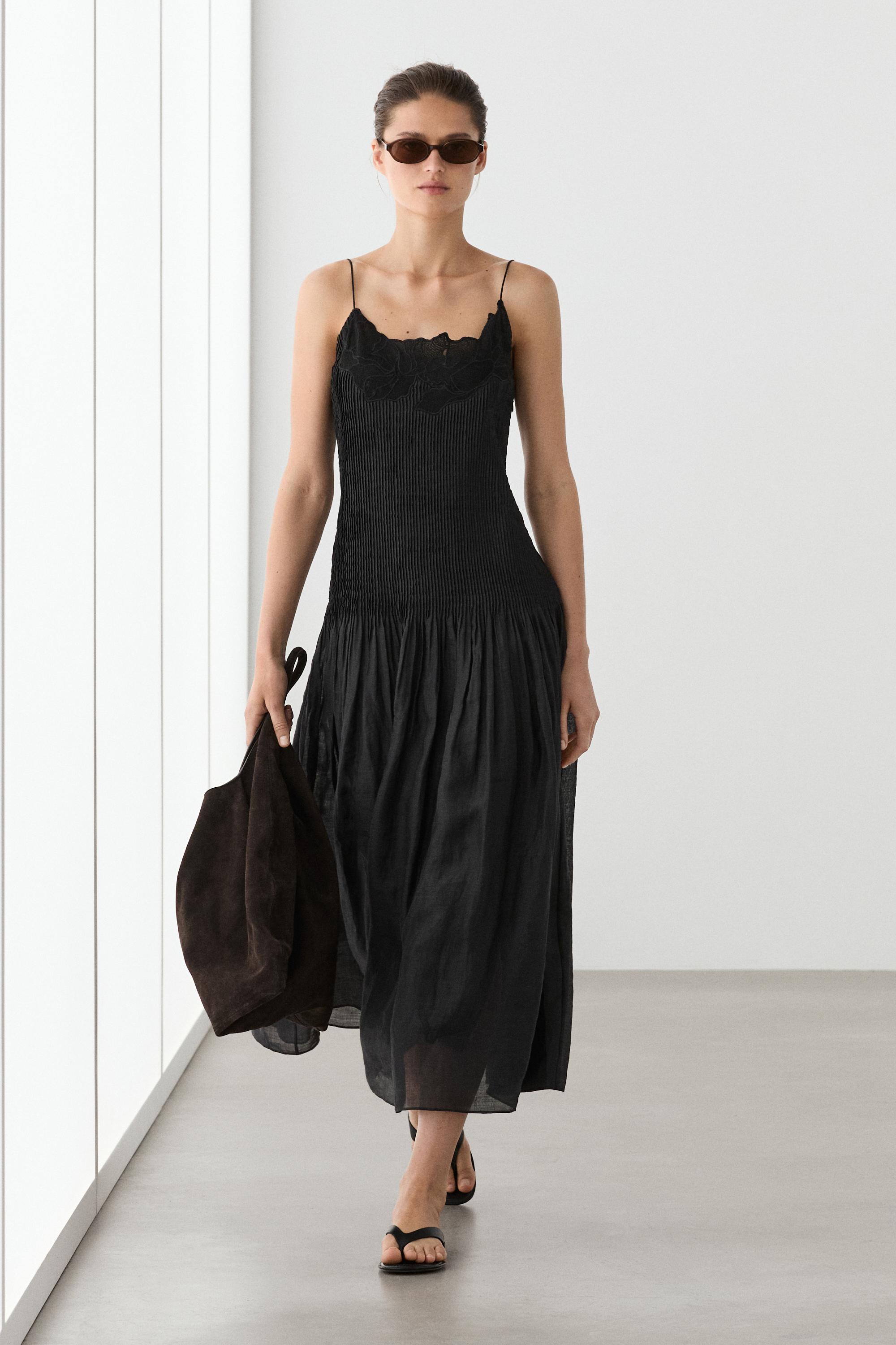 Flowing embroidered midi dress with pintuck detail
