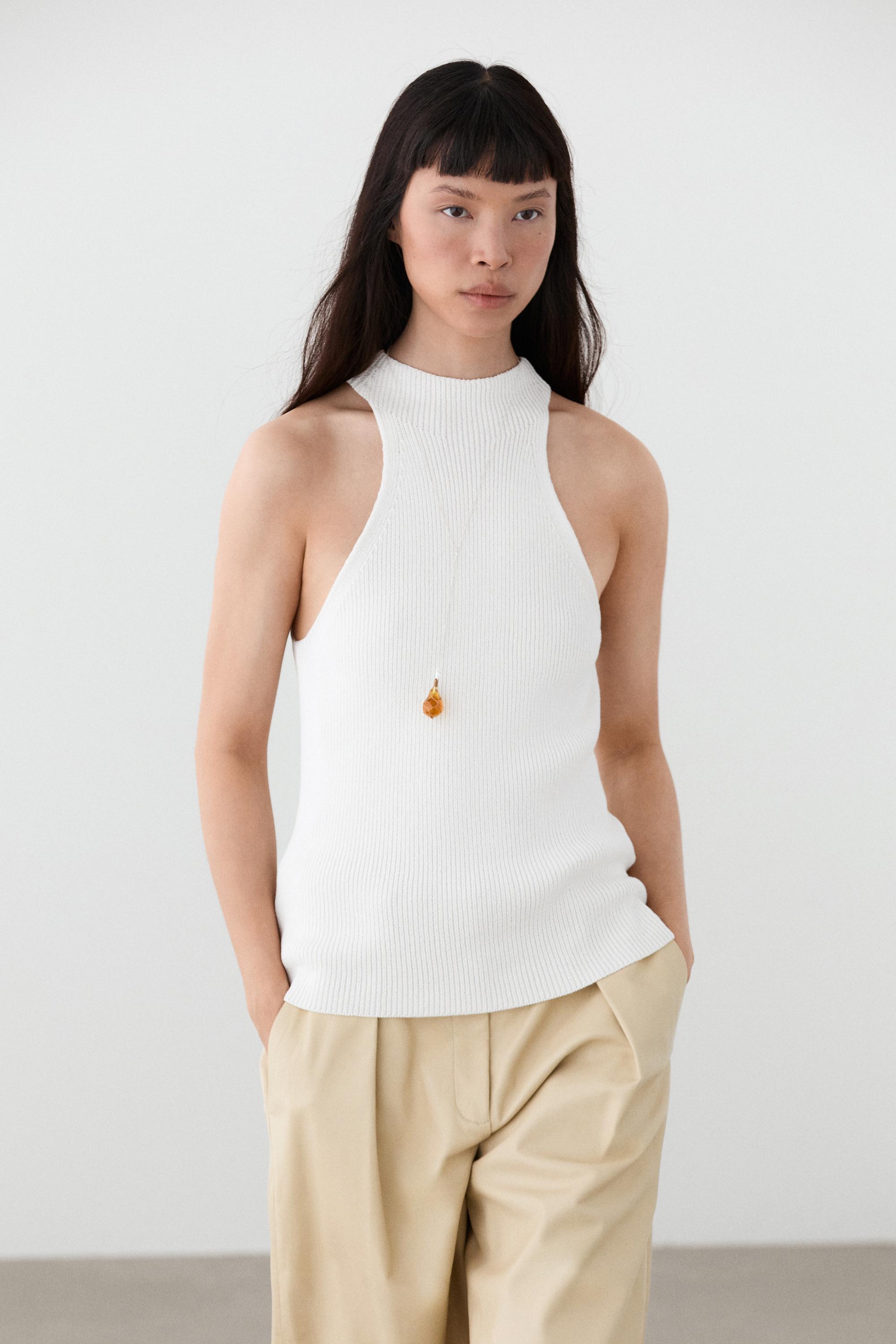 Cotton blend halter top with ribbed detail