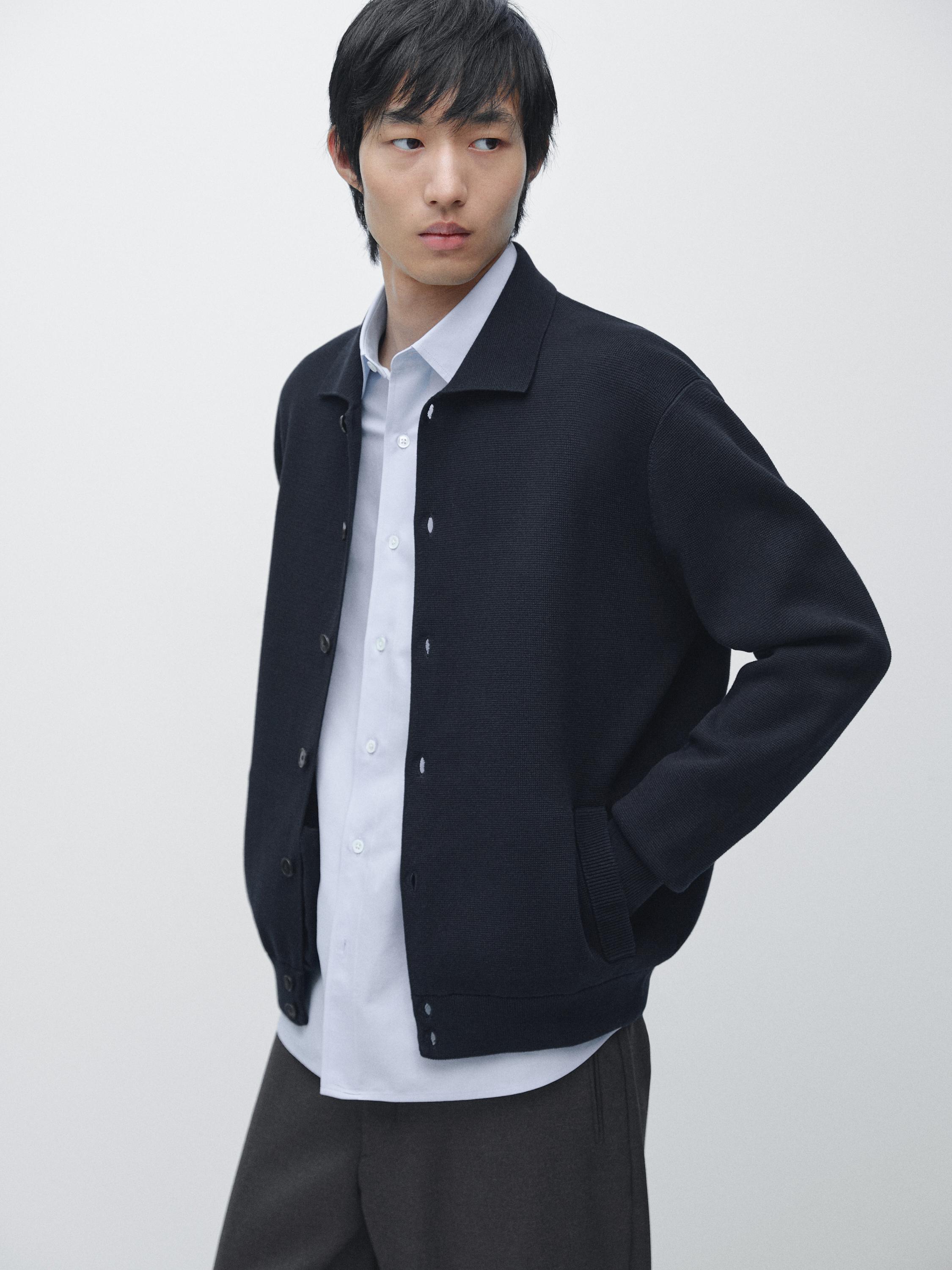 100% cotton knit cardigan with polo collar