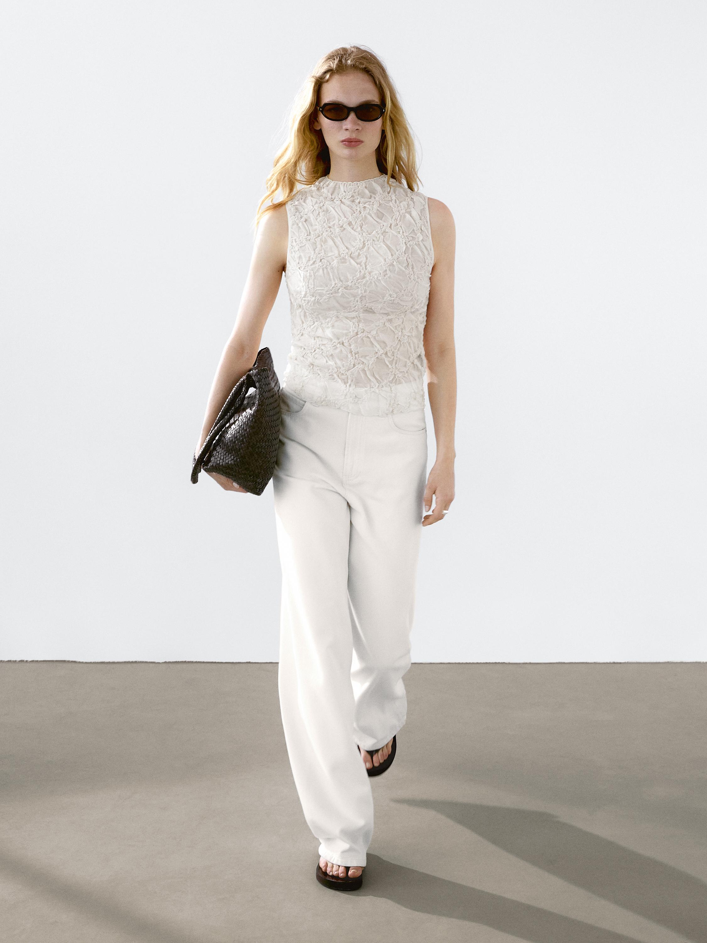 Creased-effect funnel neck top