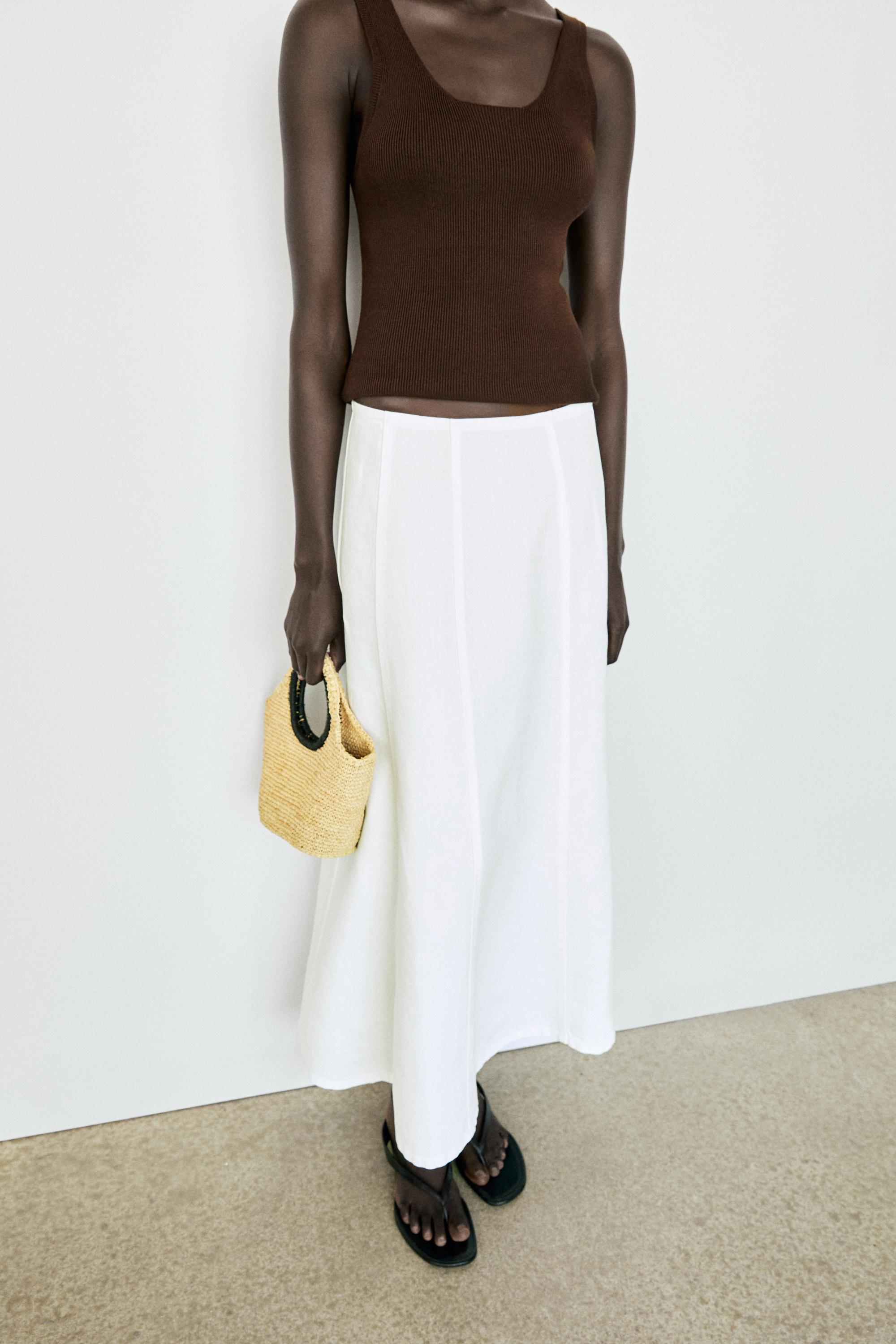 100% linen denim-effect midi skirt