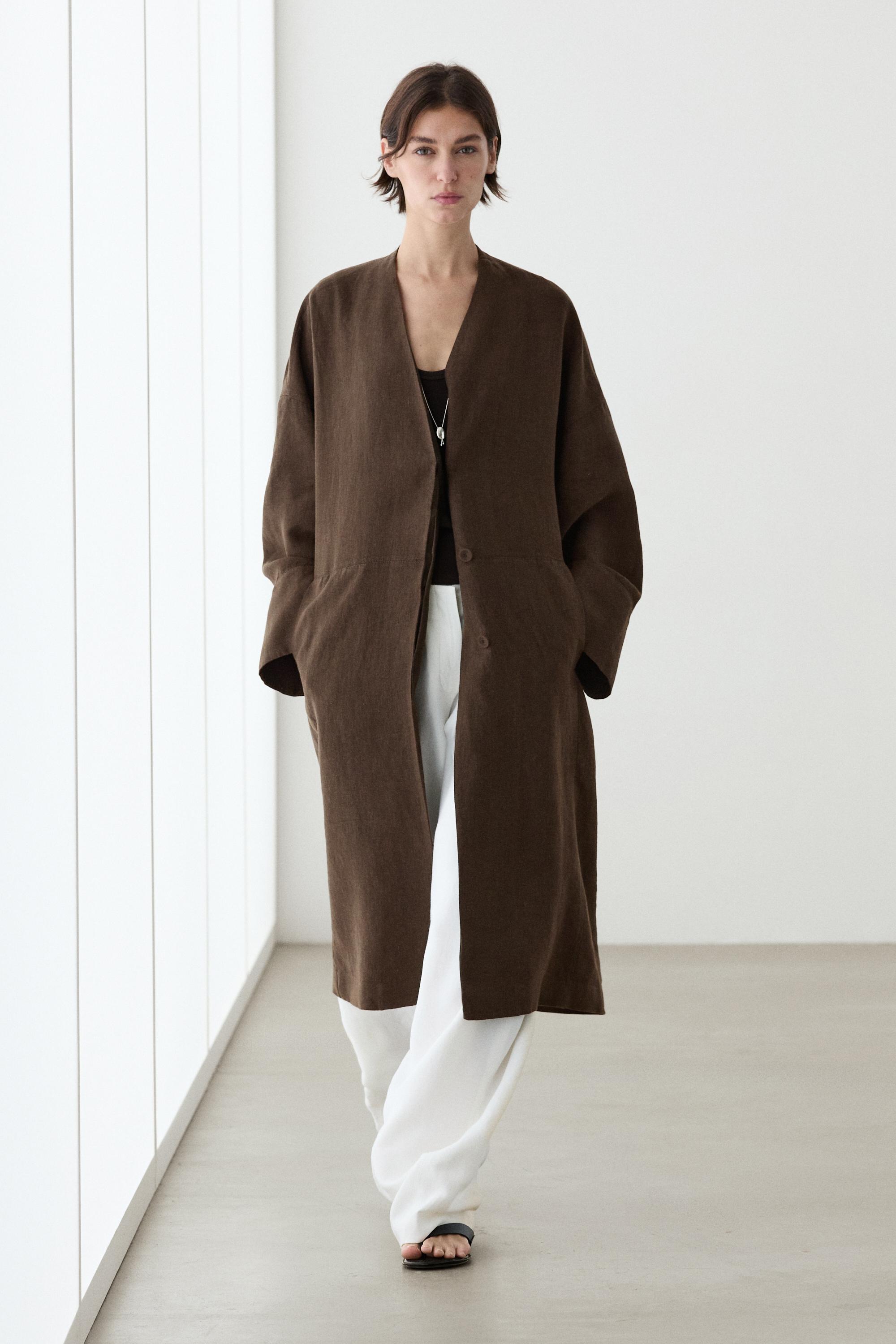 100% linen double-breasted coat with no collar