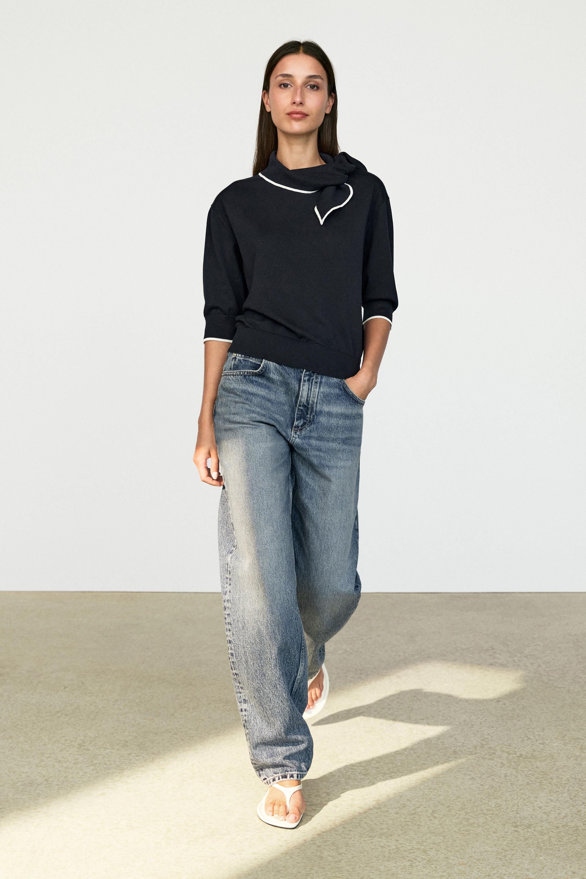 100% cotton knit sweater with scarf detail