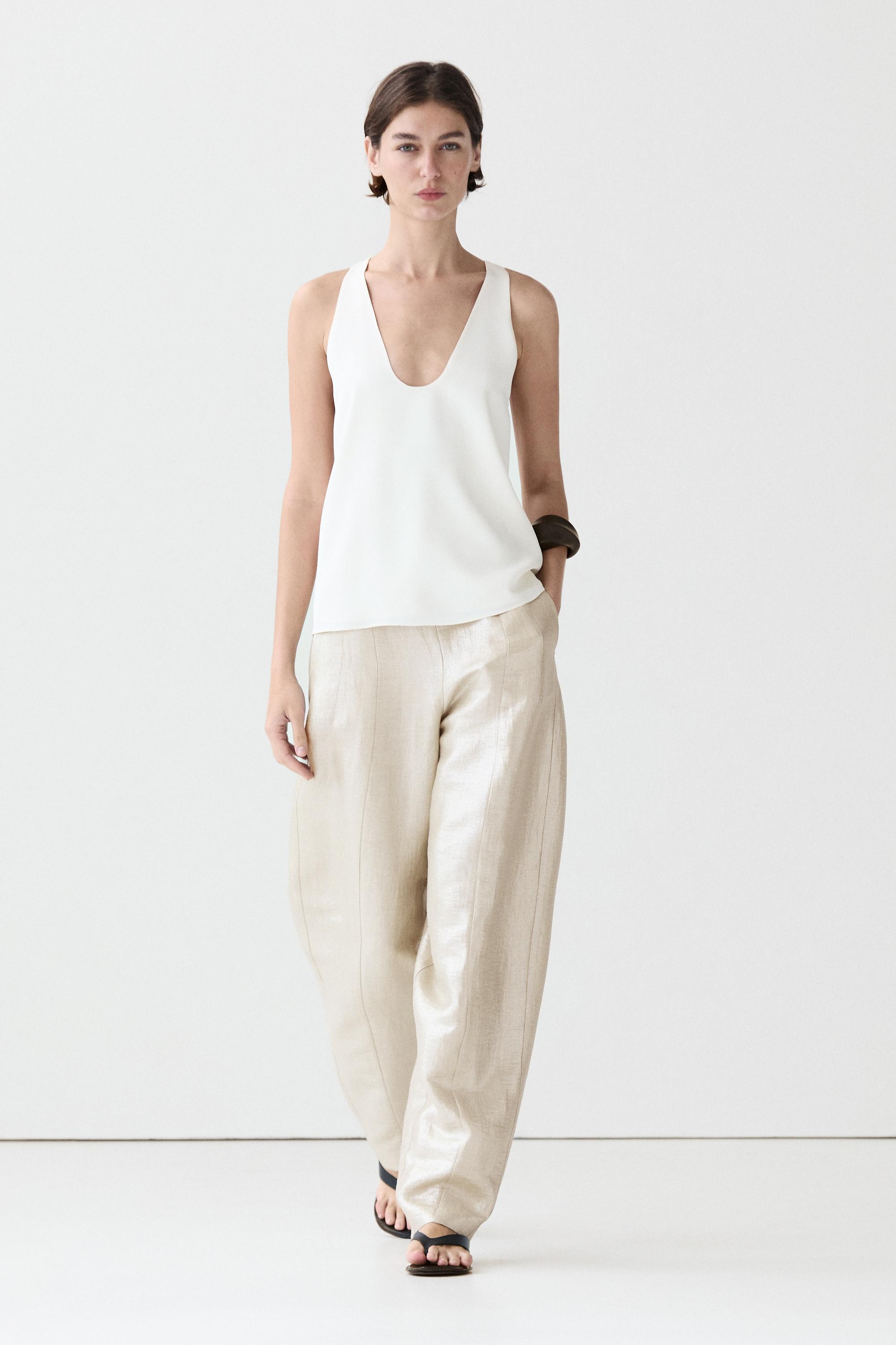 飘逸金属效果亚麻长裤