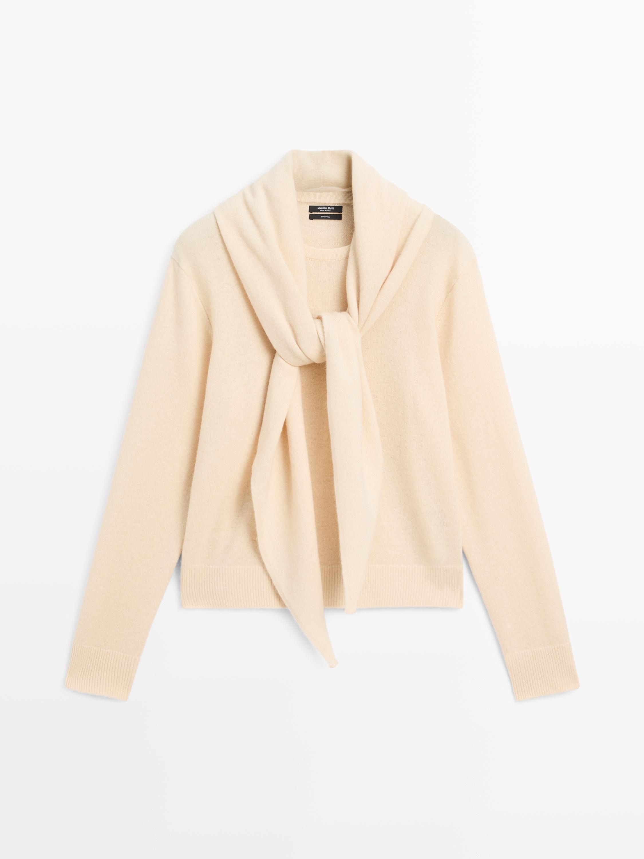 100% wool knit sweater with scarf detail