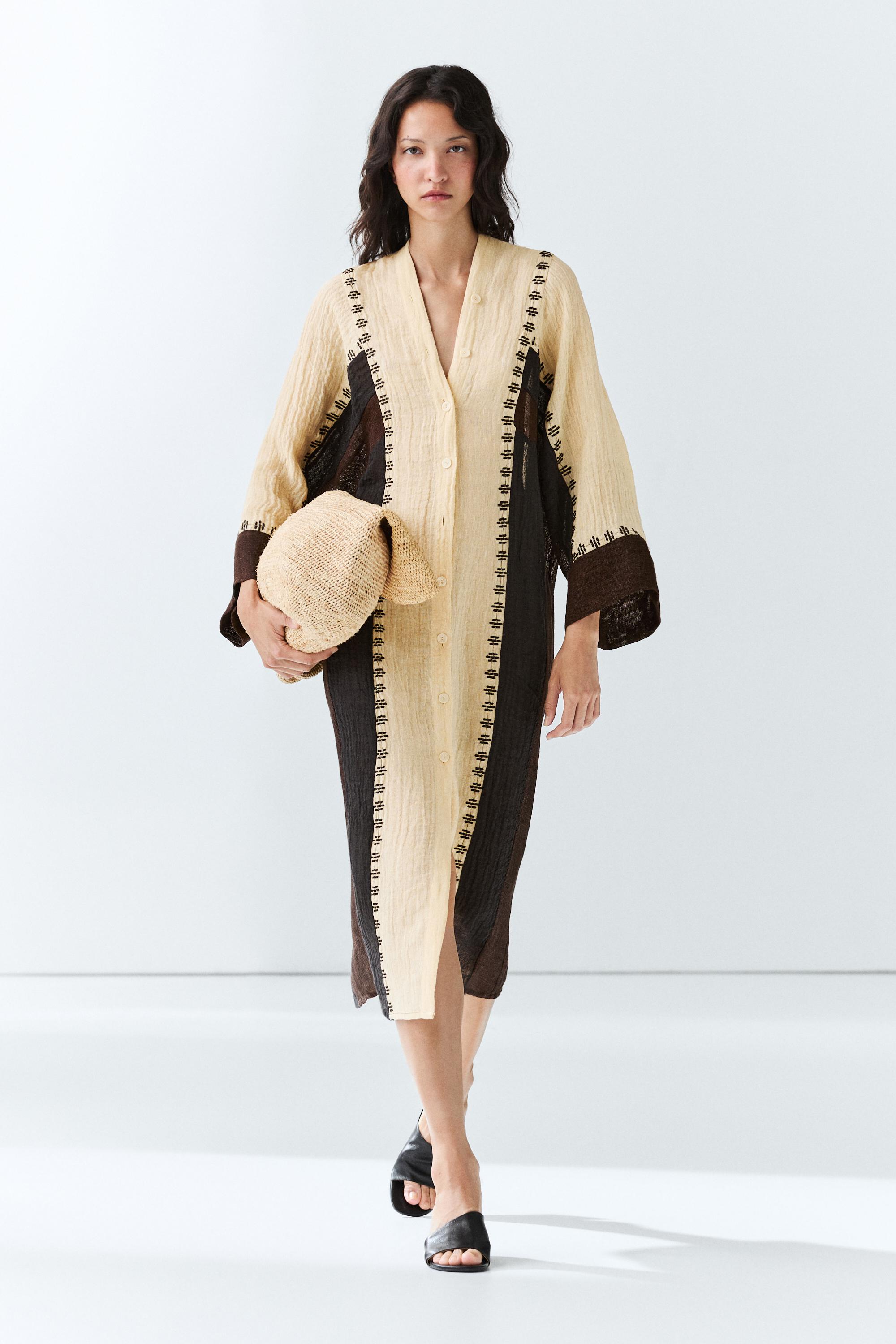 Linen blend embroidered kaftan dress