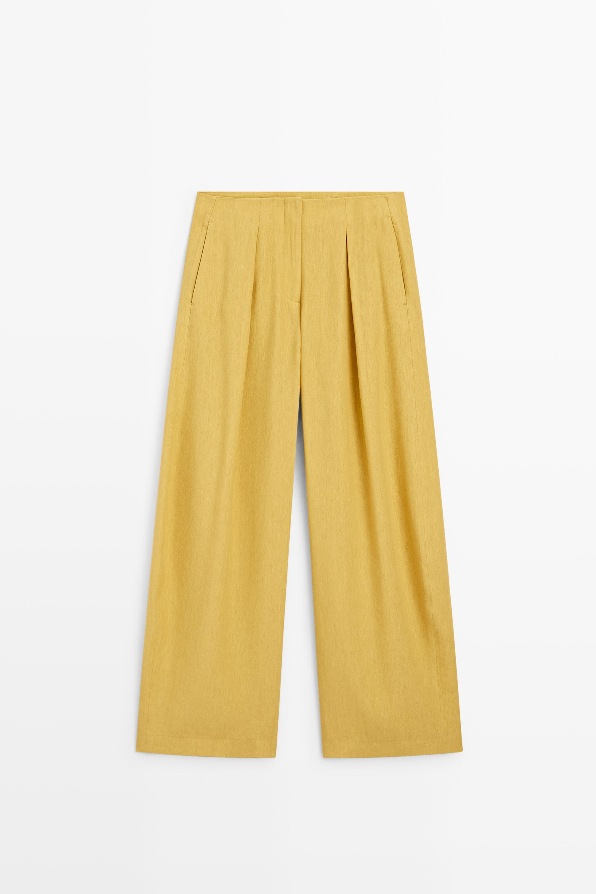 Wide-leg flowing linen blend pleated pants