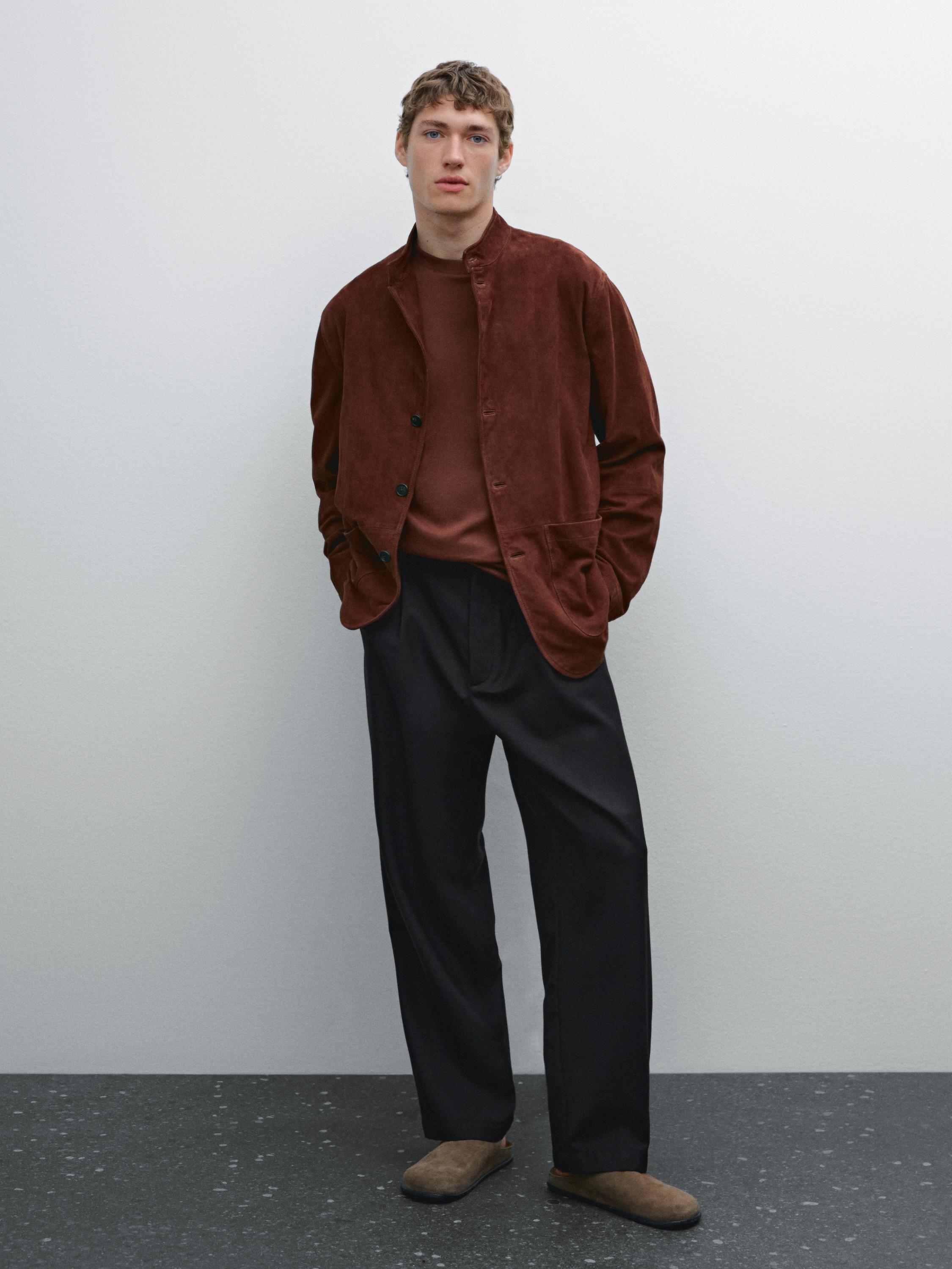 Suede leather stand collar jacket