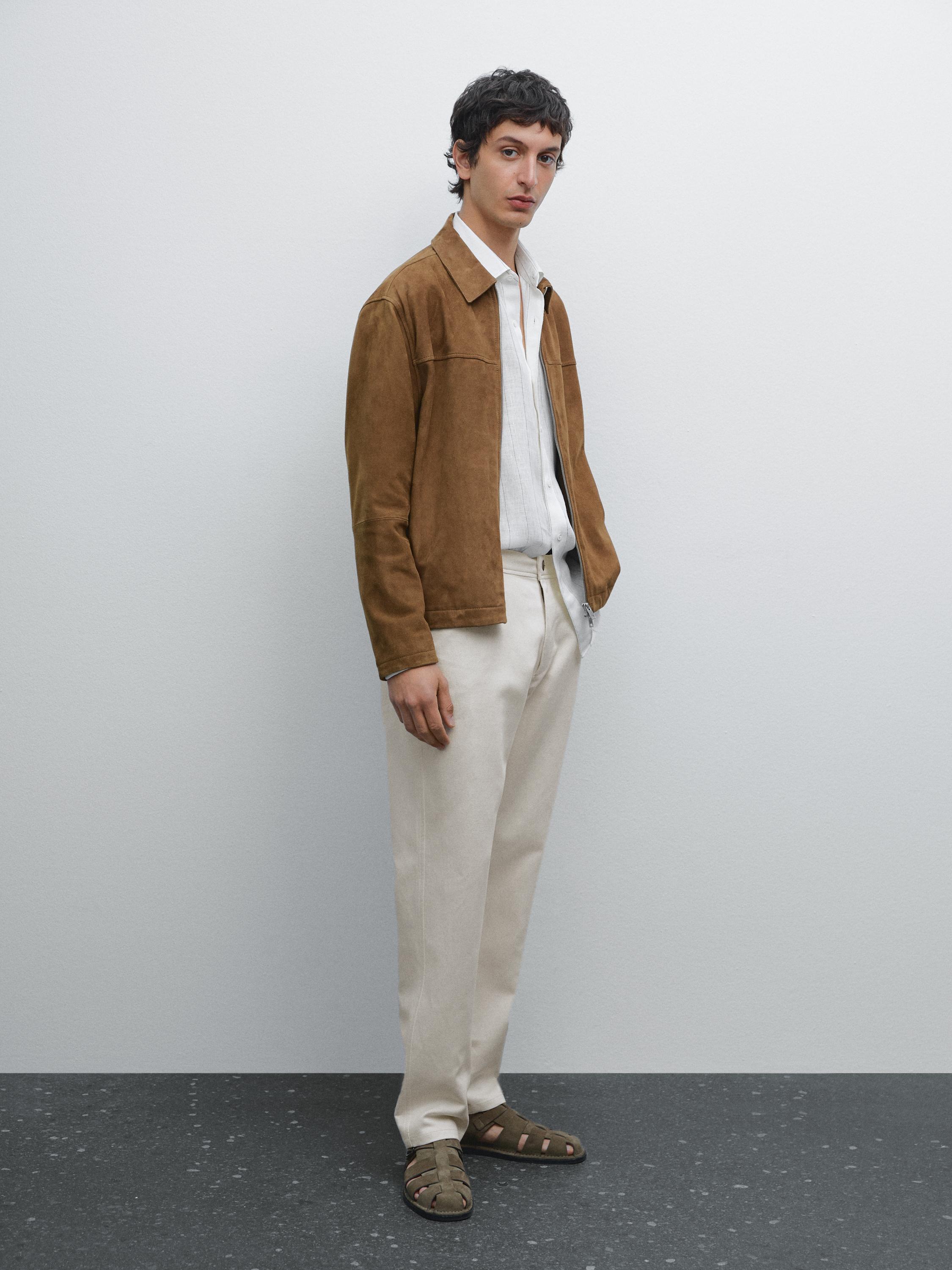Cotton blend tapered fit denim trousers