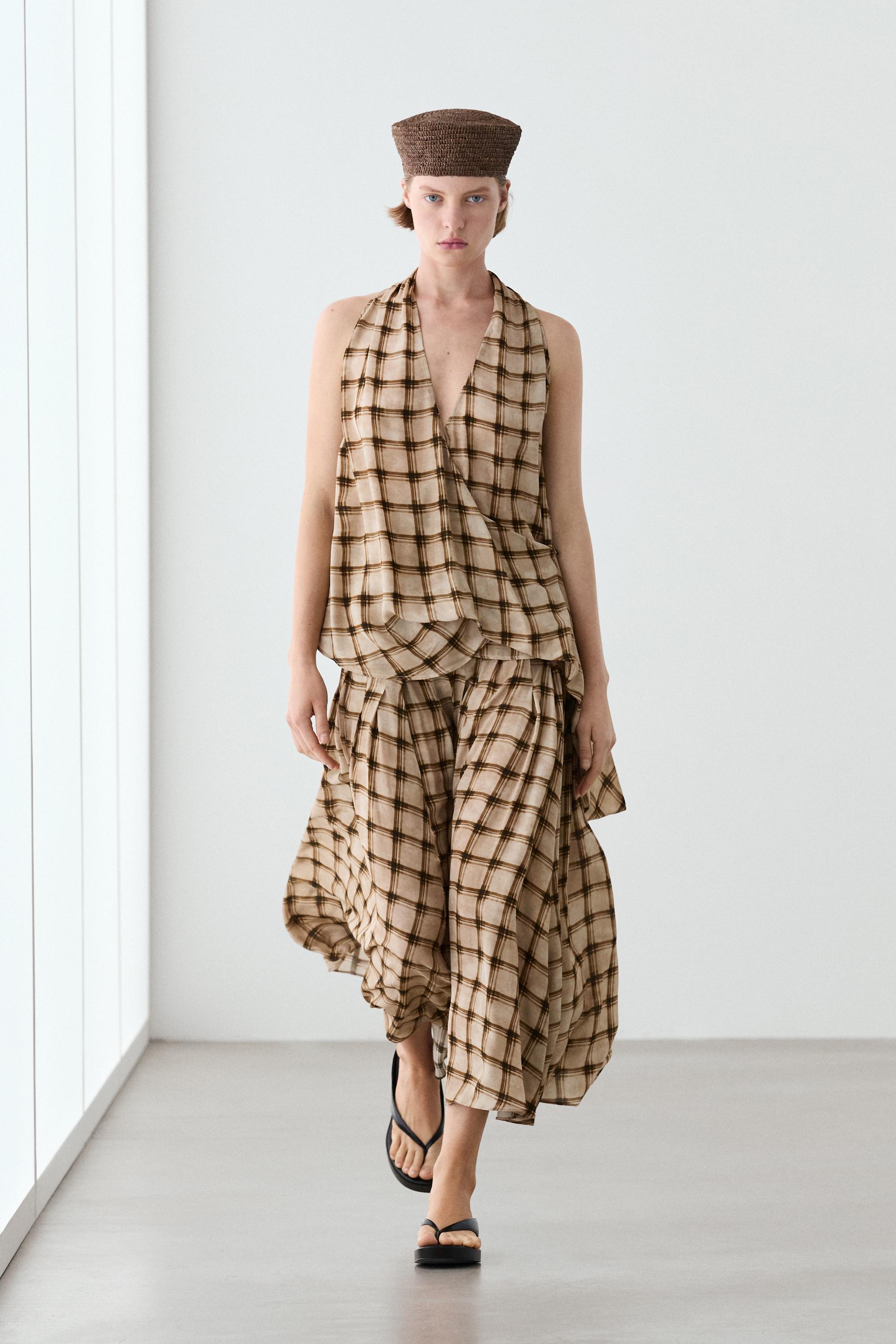 Flowing check print surplice top