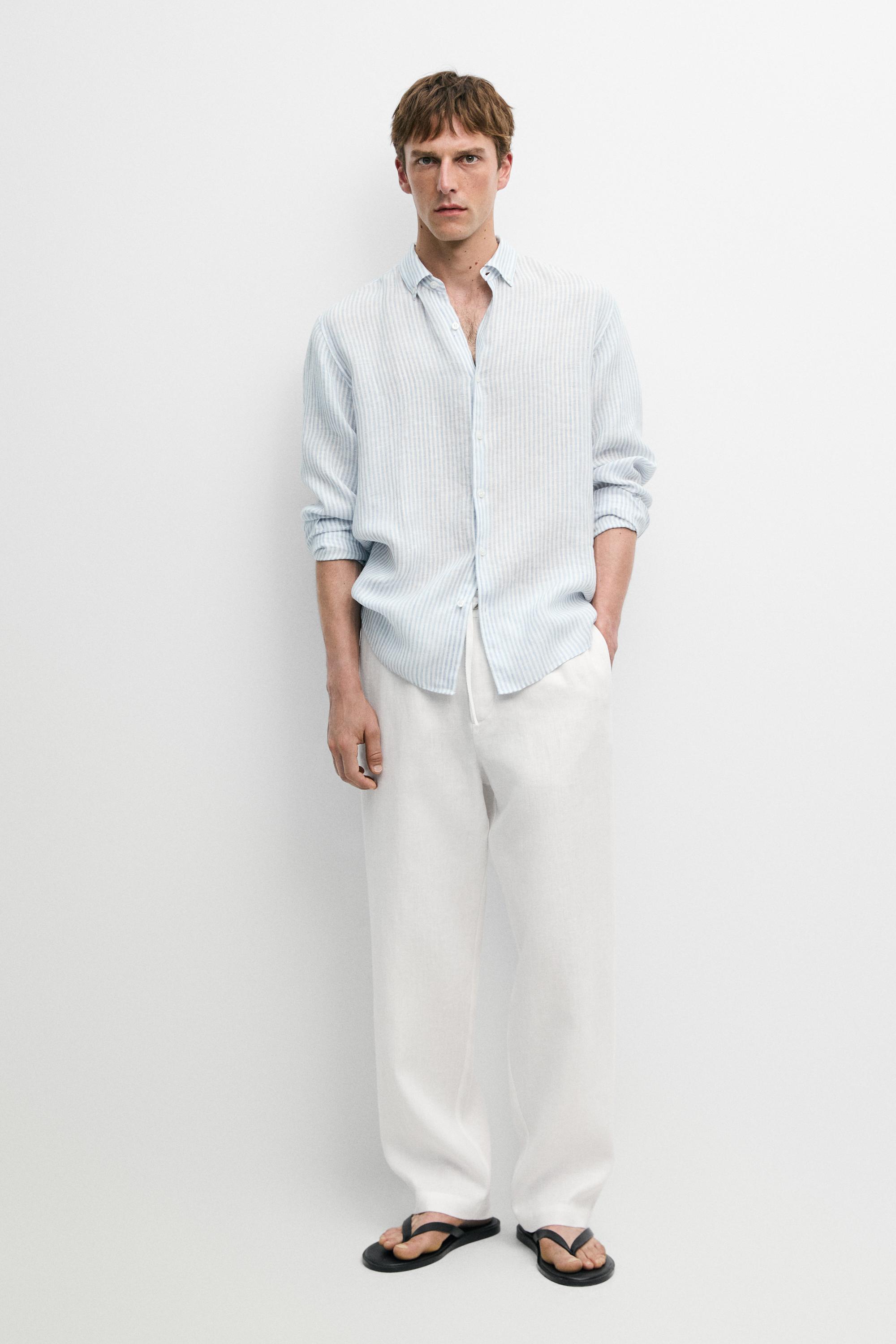 100% linen regular fit striped shirt
