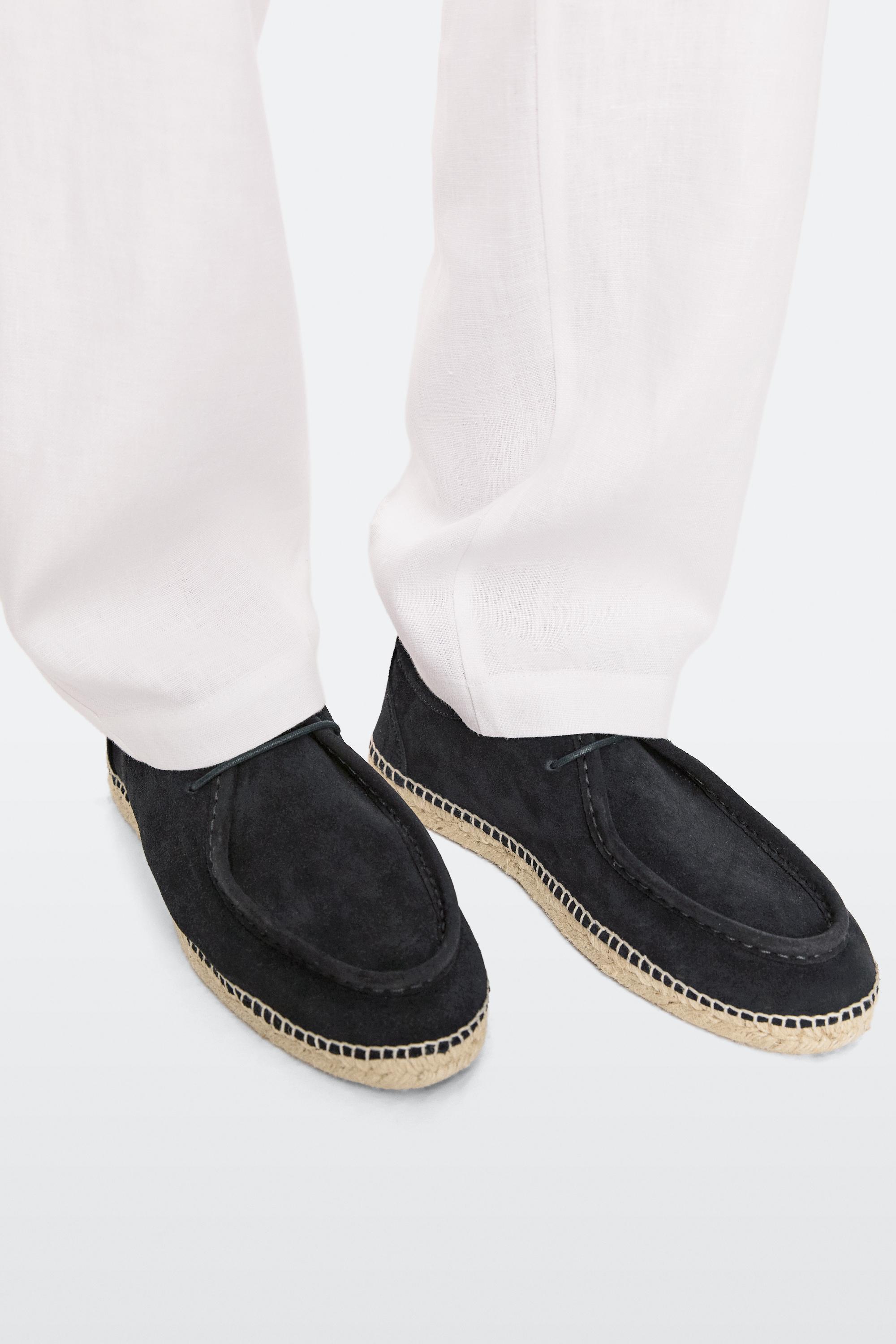 Split leather shoes with moc toe and jute sole