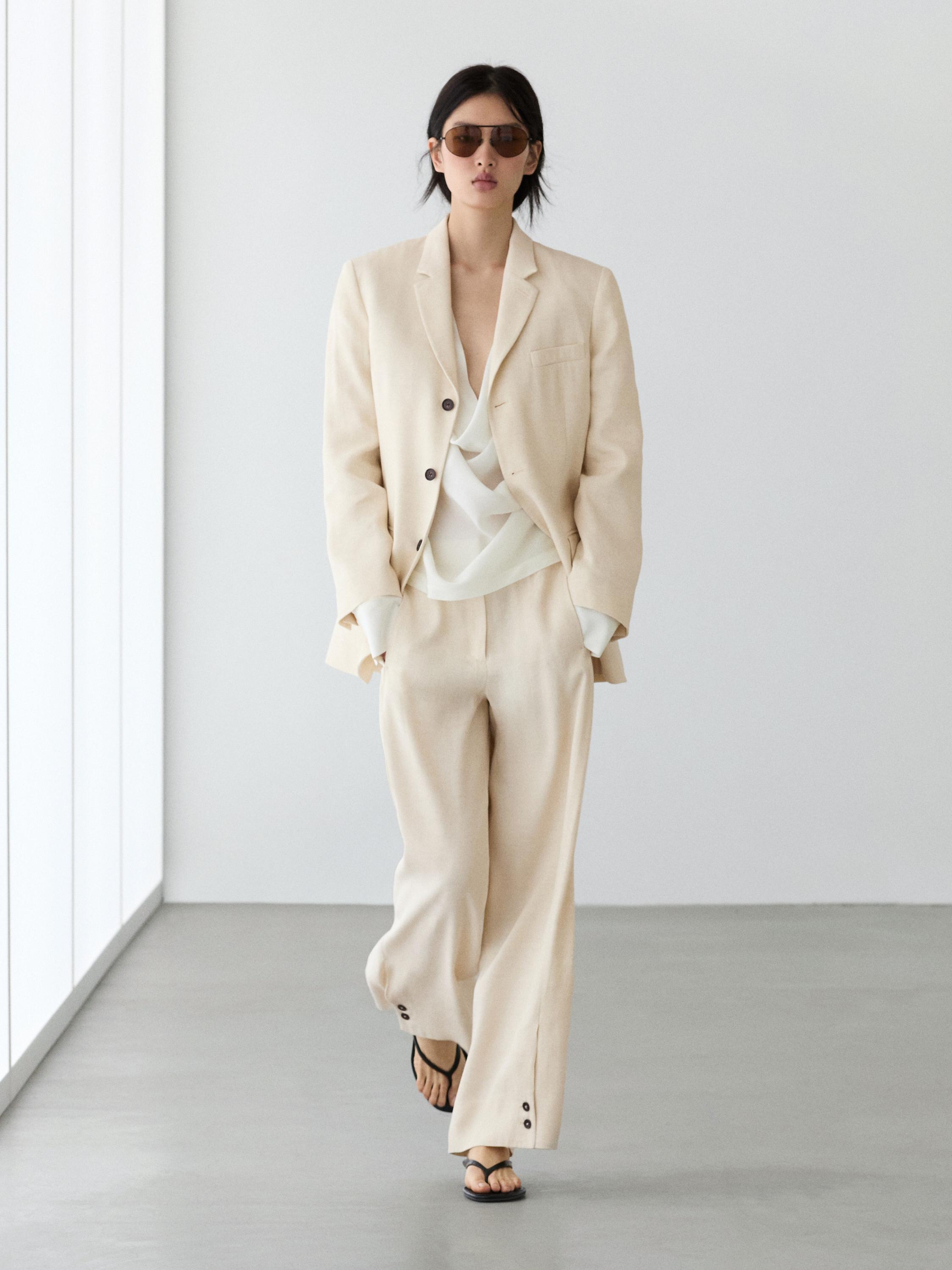 Linen blend suit trousers with button detail