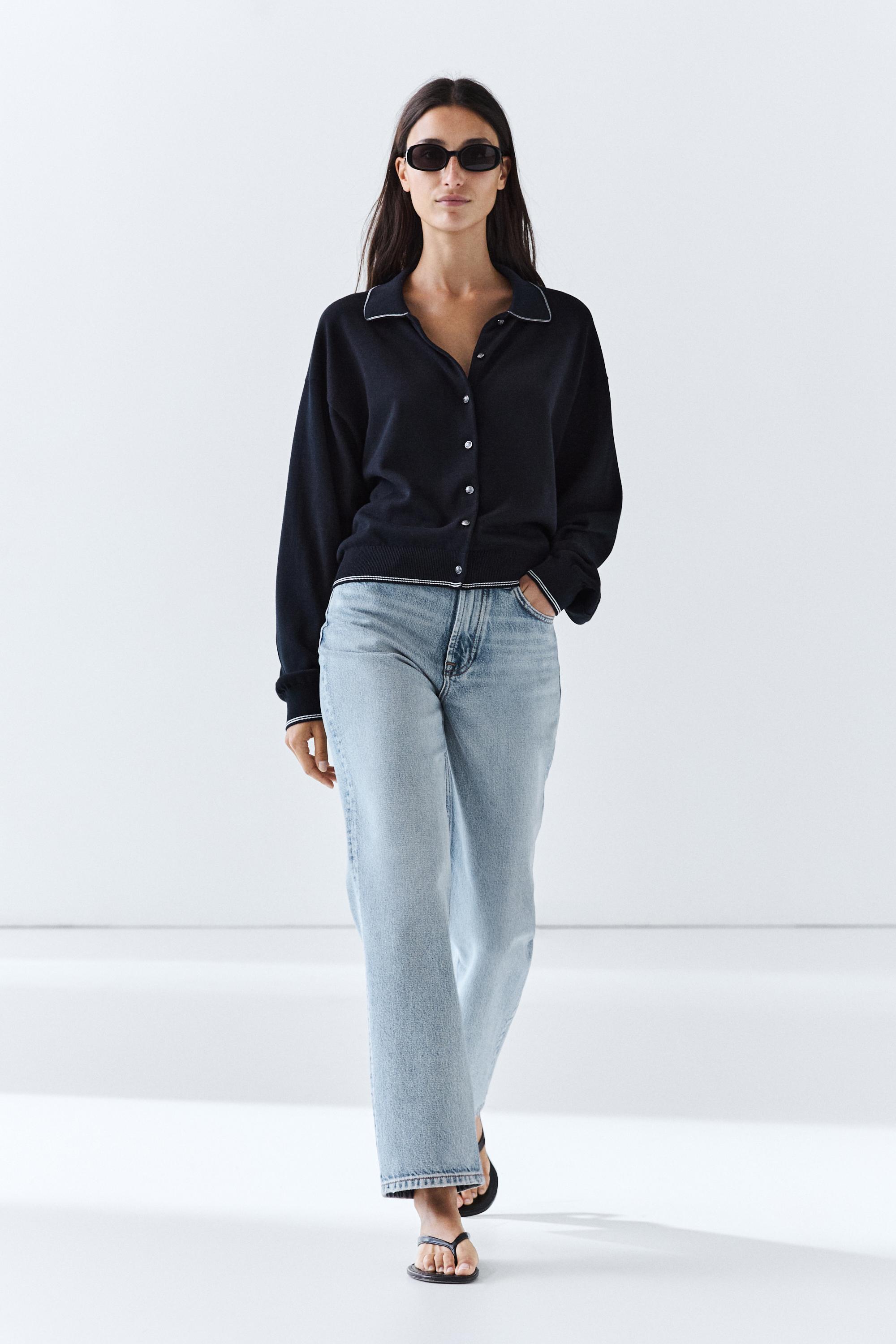 100% cotton contrast polo collar cardigan