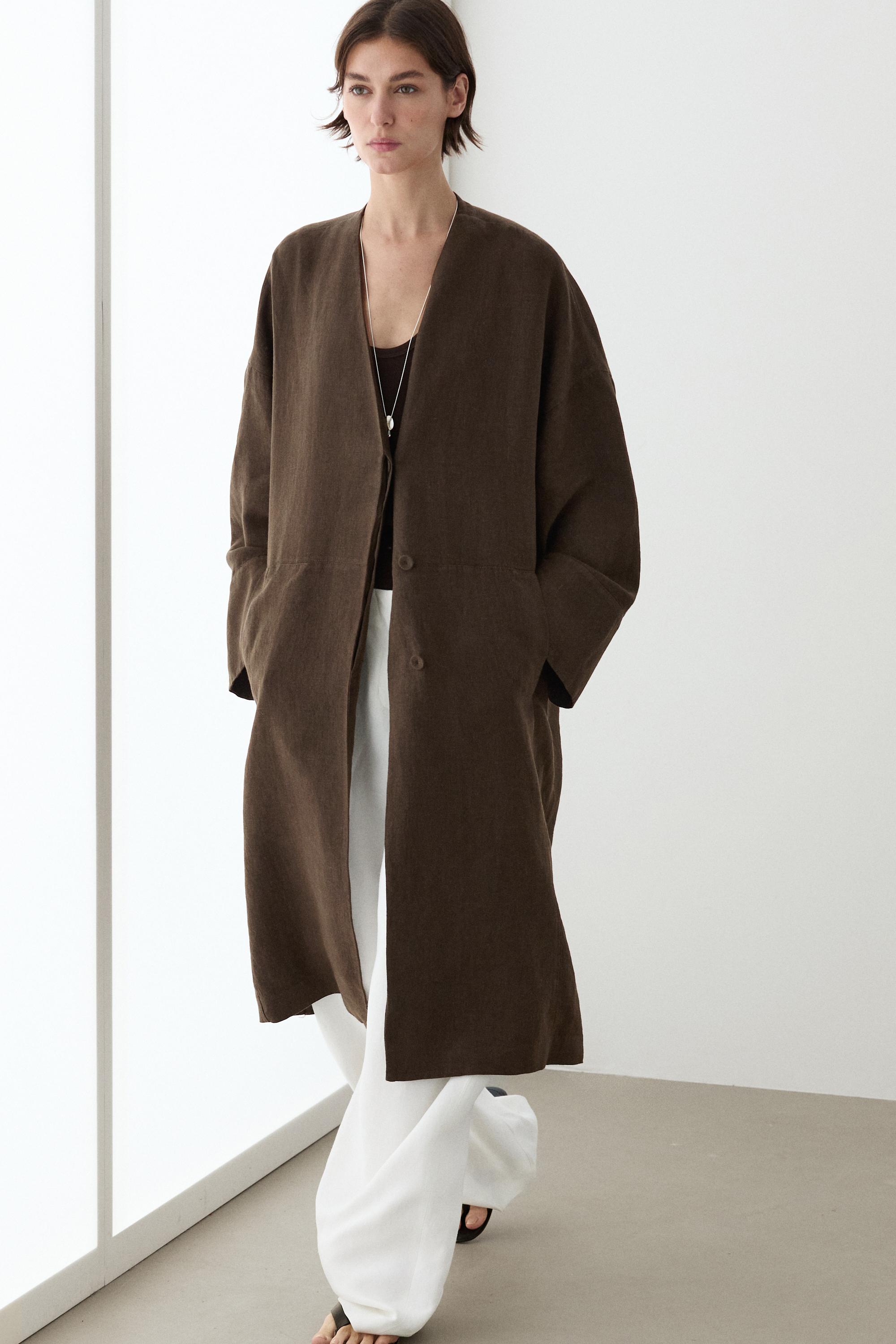 100% linen double-breasted coat with no collar