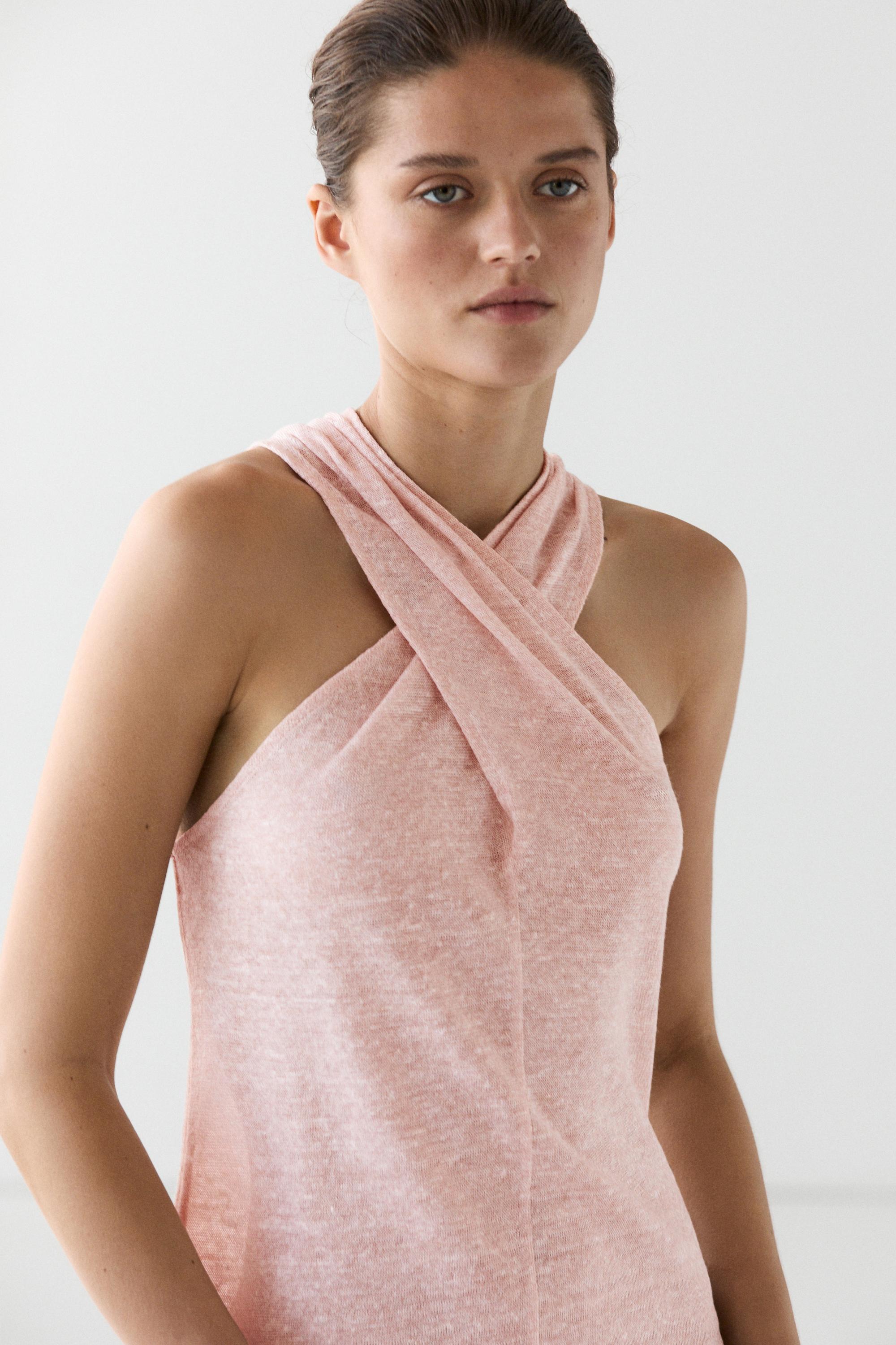 Linen blend top with surplice neckline