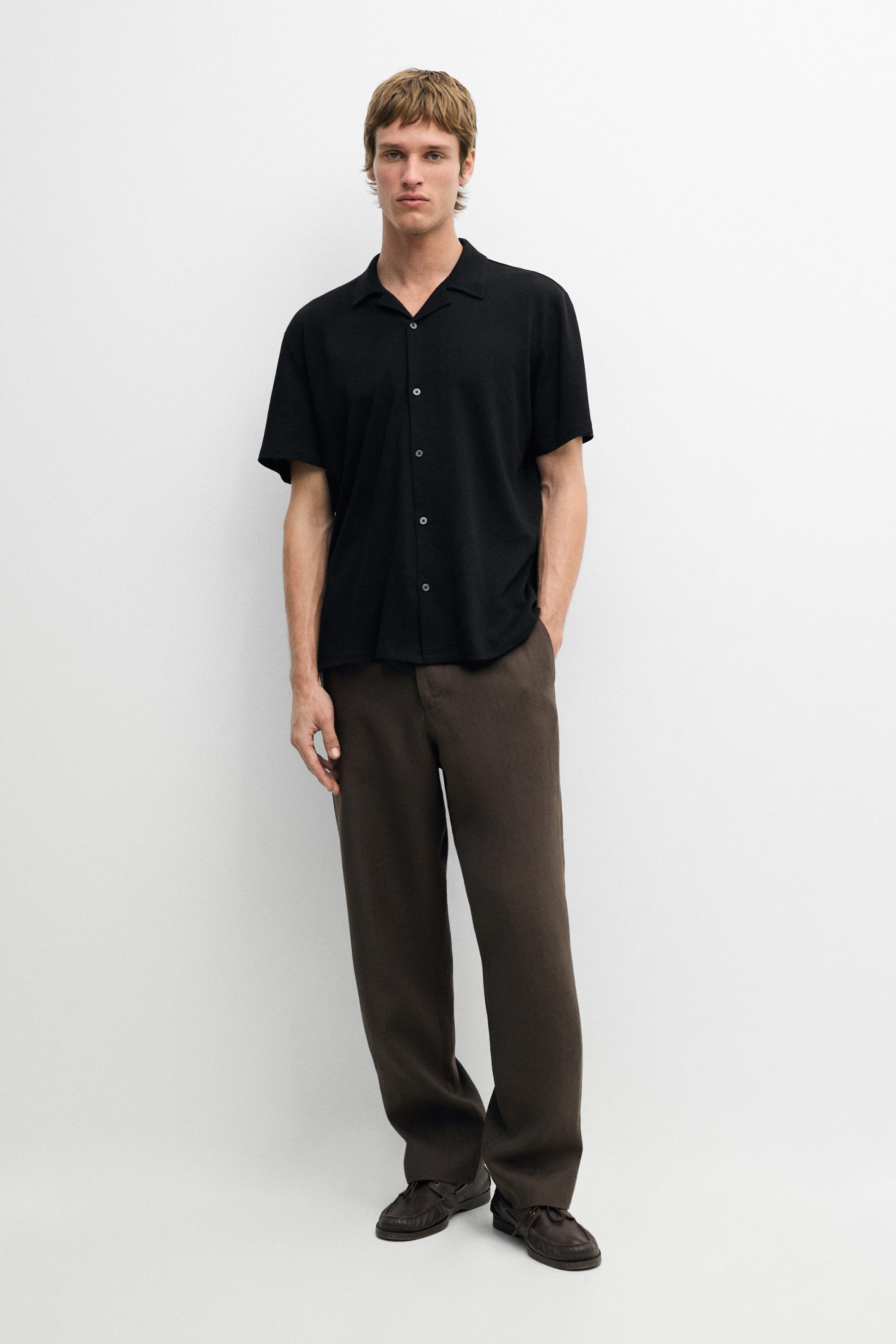 Regular fit short sleeve linen-cotton blend shirt