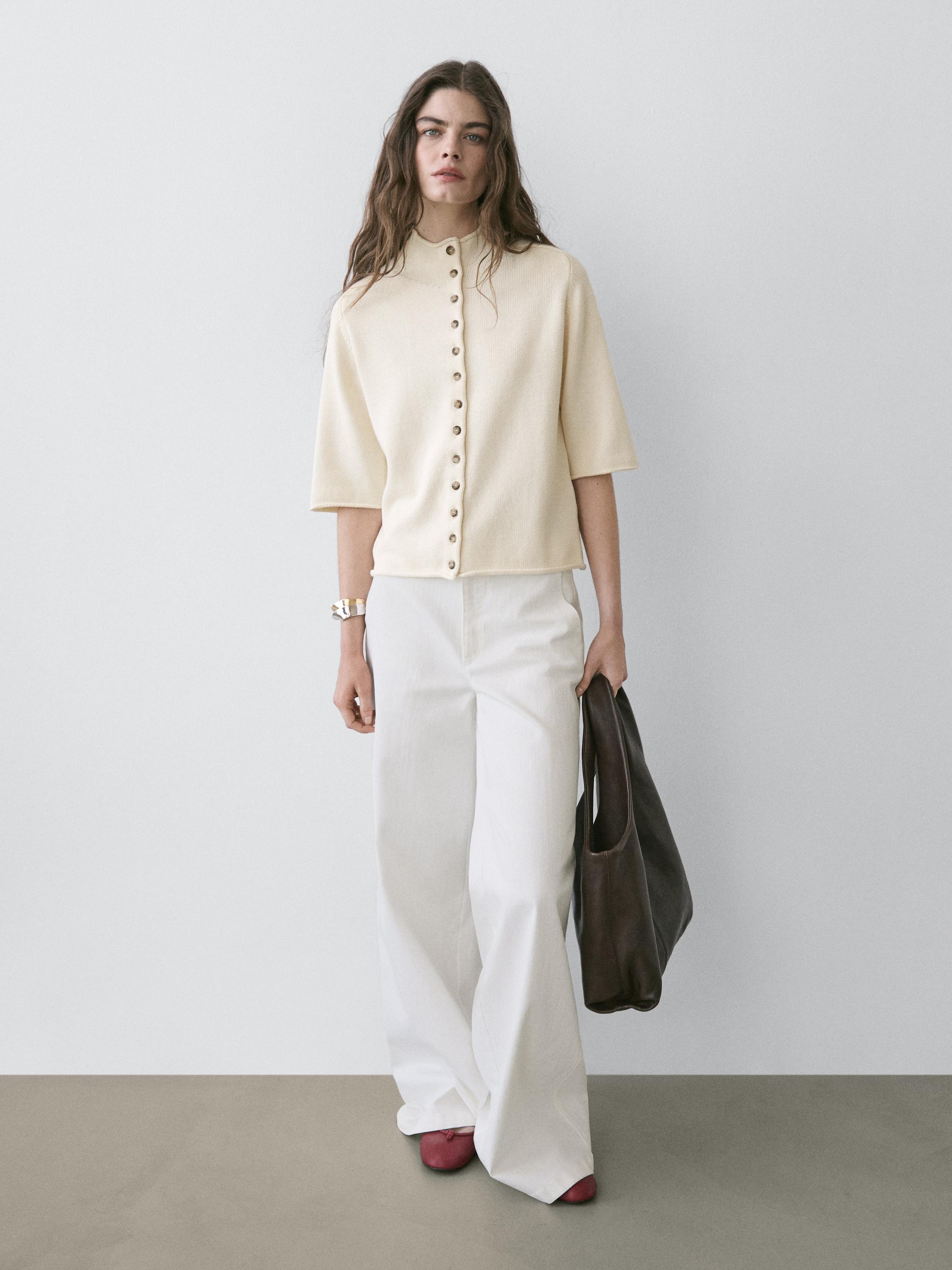 Knit cardigan with elbow-length sleeves
