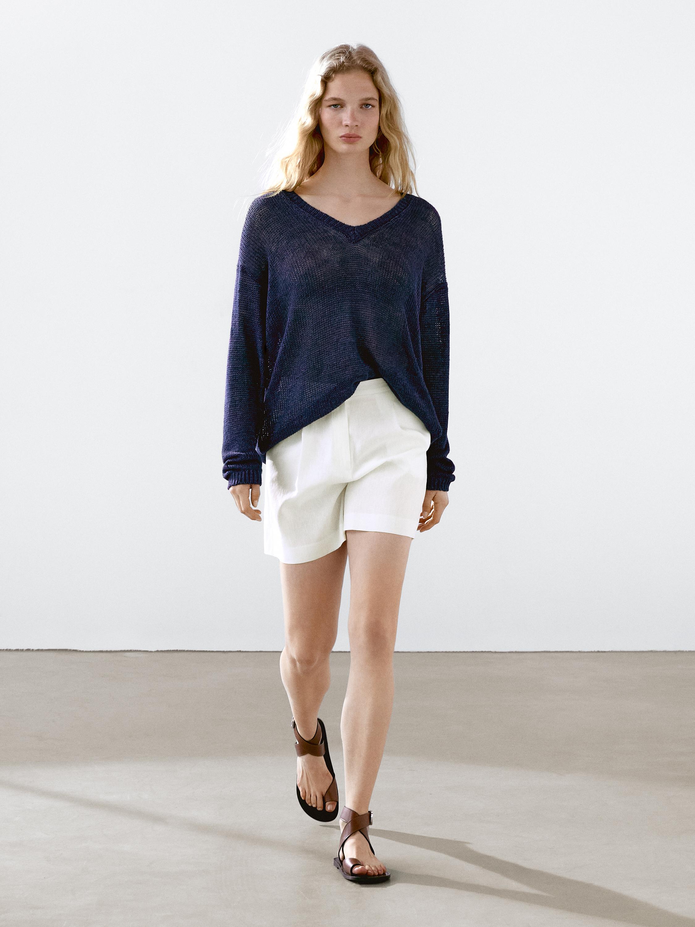 Linen blend darted waist Bermuda shorts