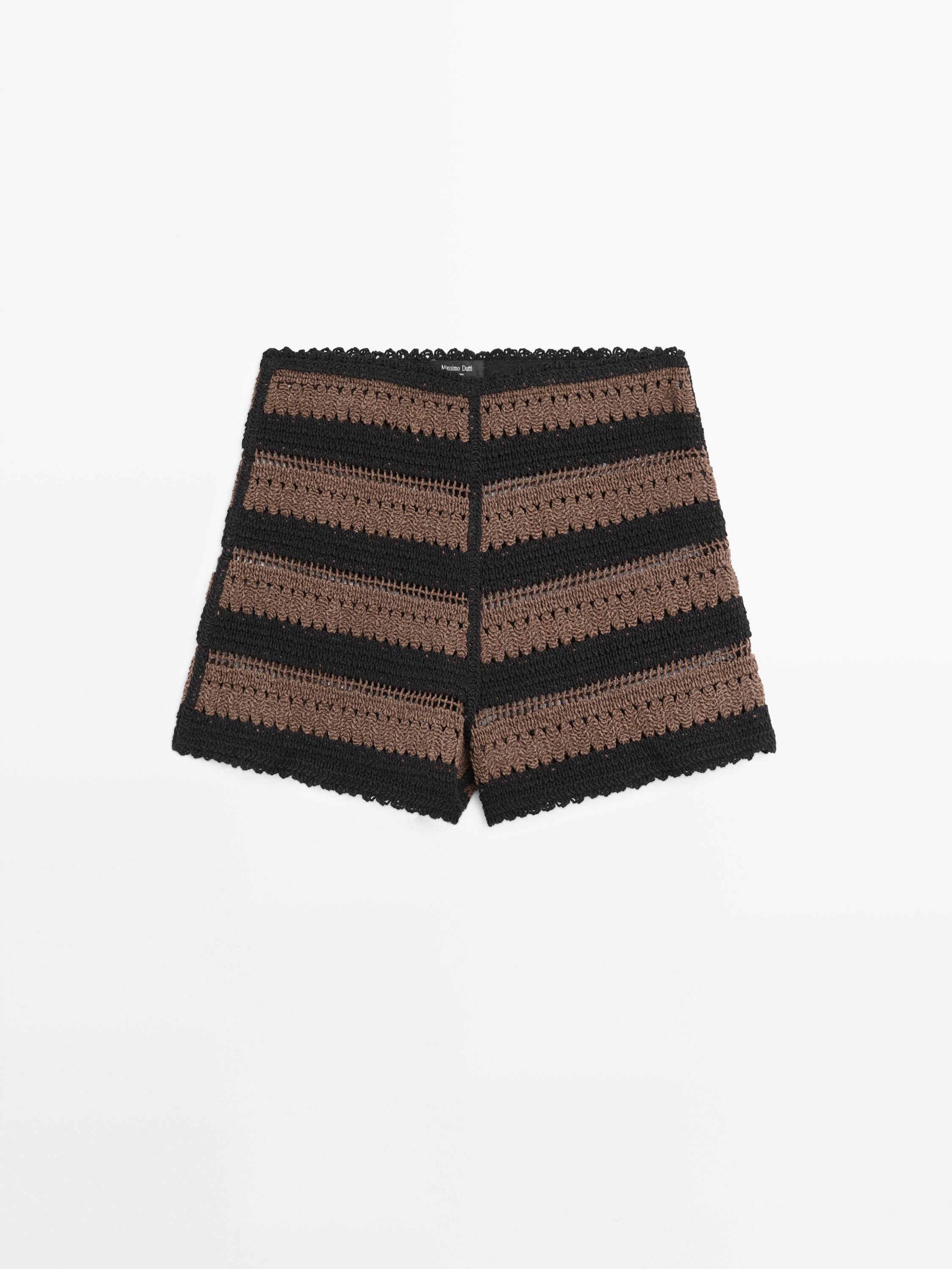 Striped cotton crochet shorts