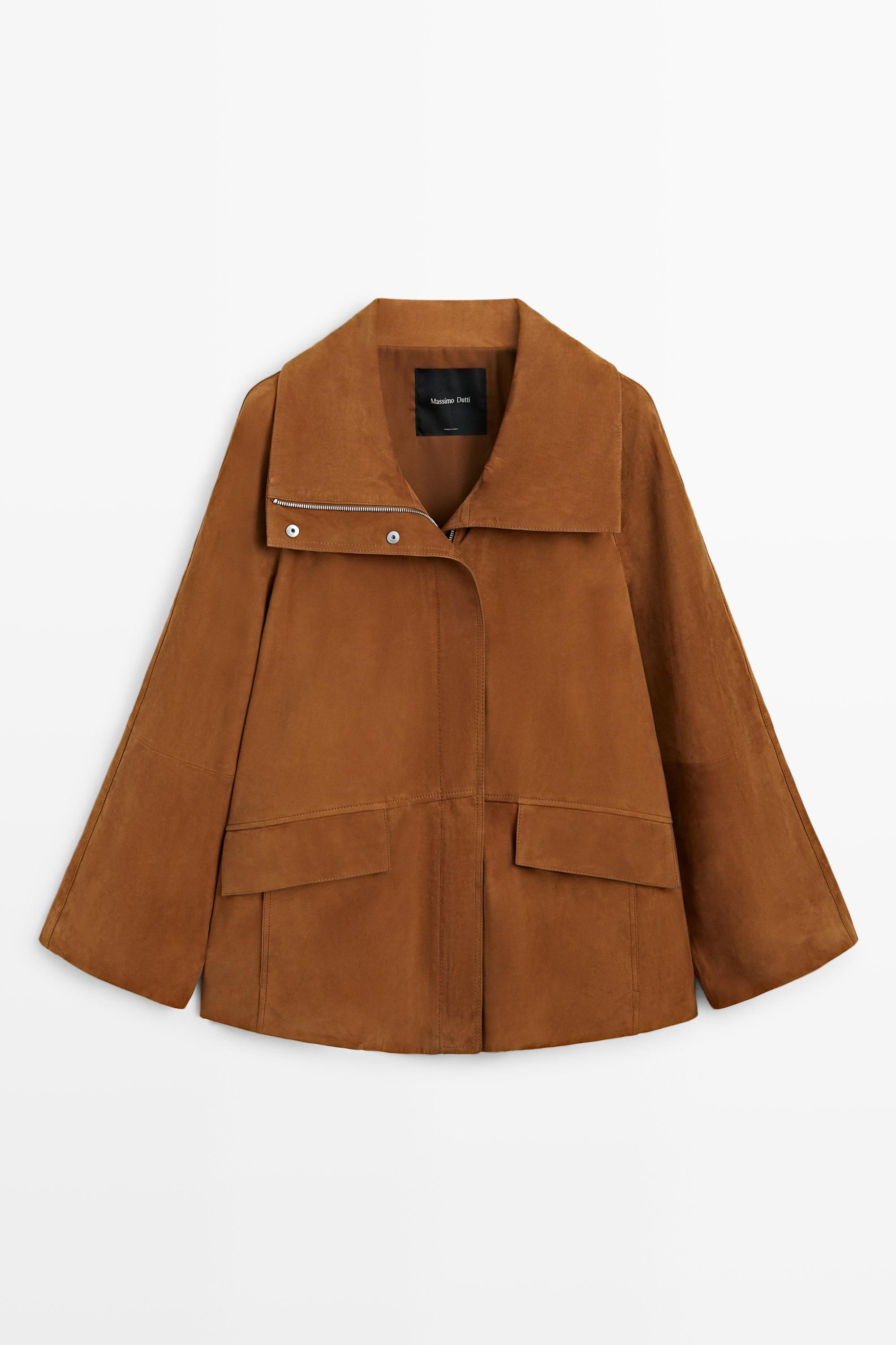 Nubuck leather high collar coat