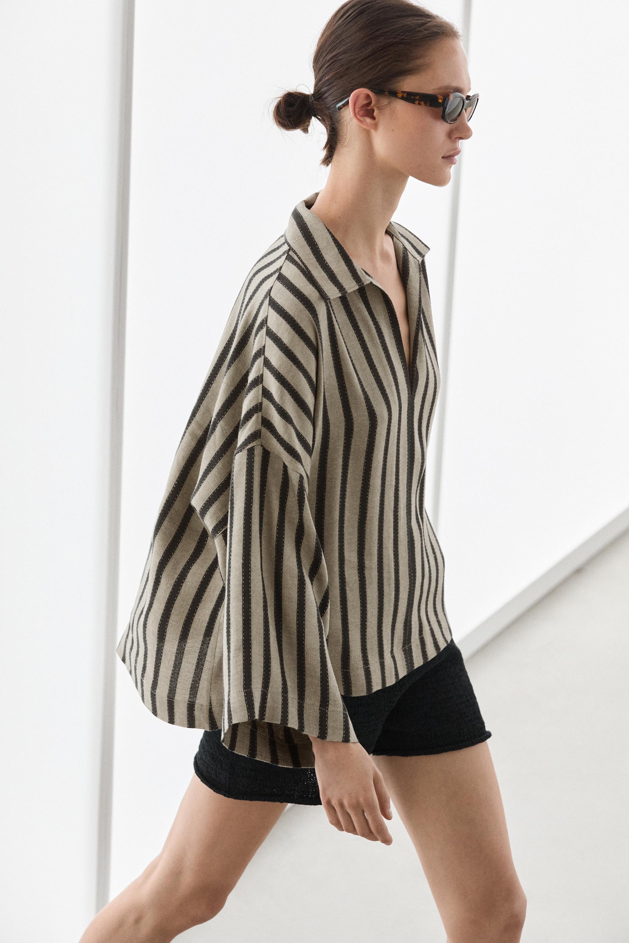 Oversize striped linen blend blouse