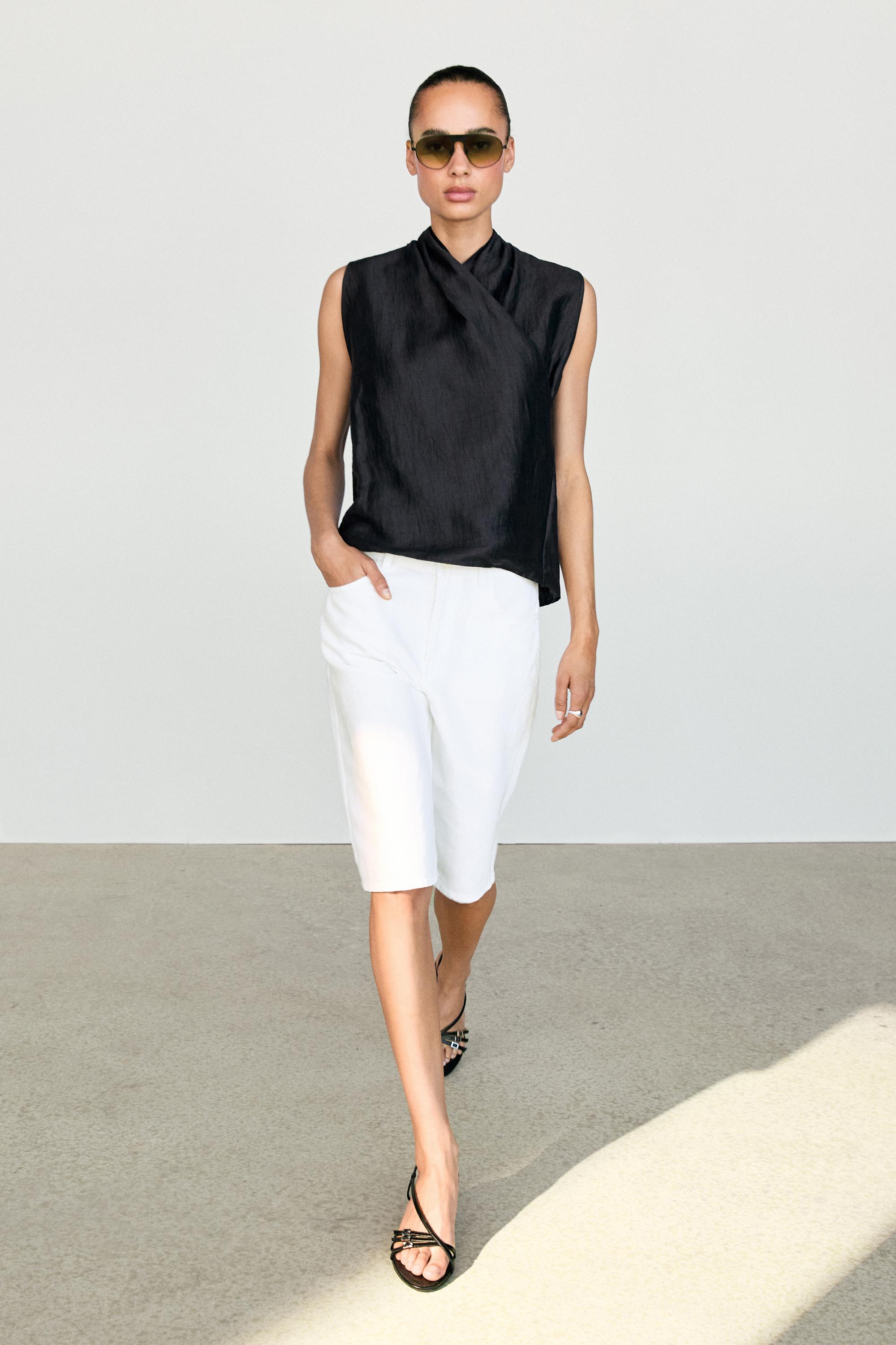 Linen blend sleeveless crossover top