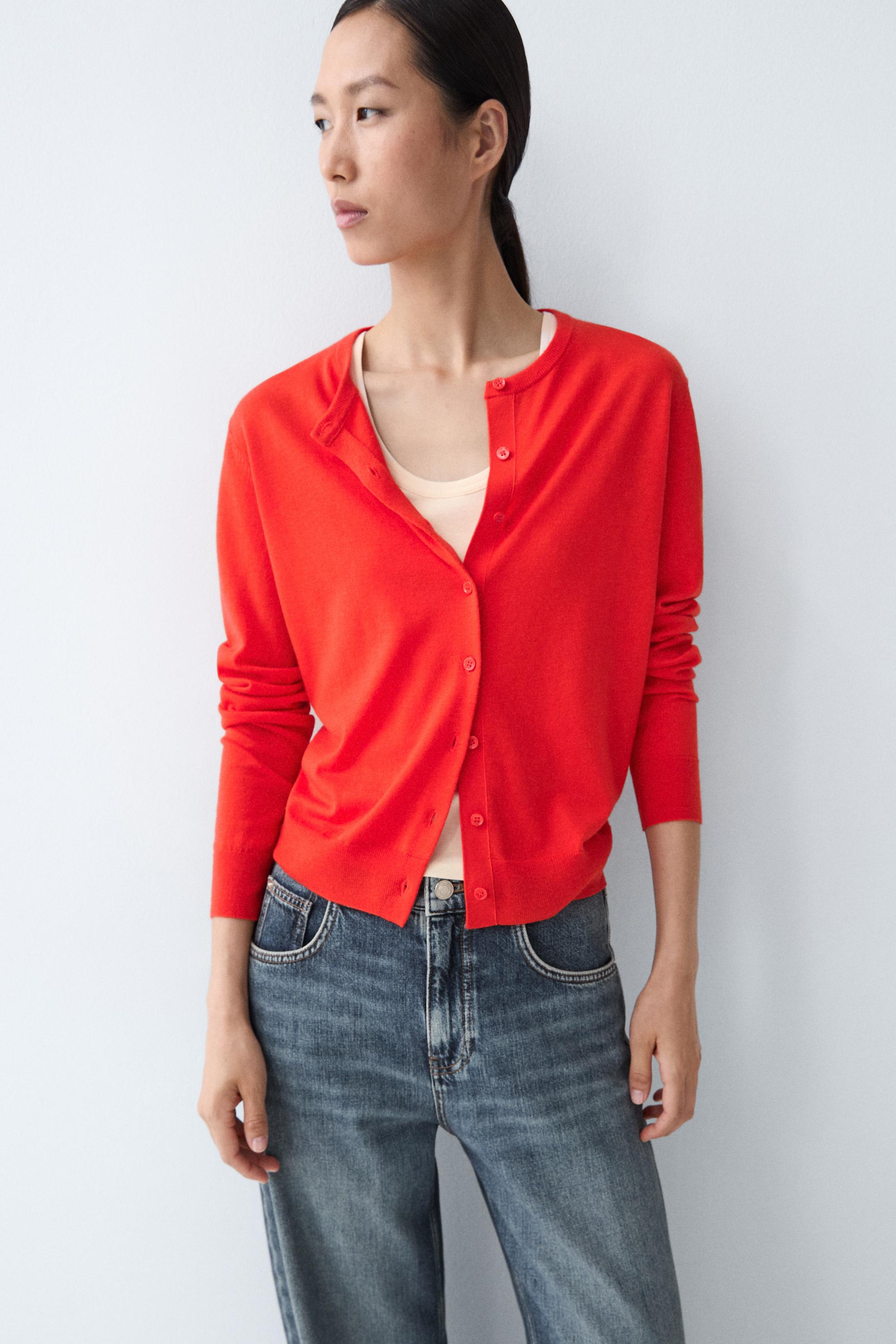 Fine-knit round neck cardigan