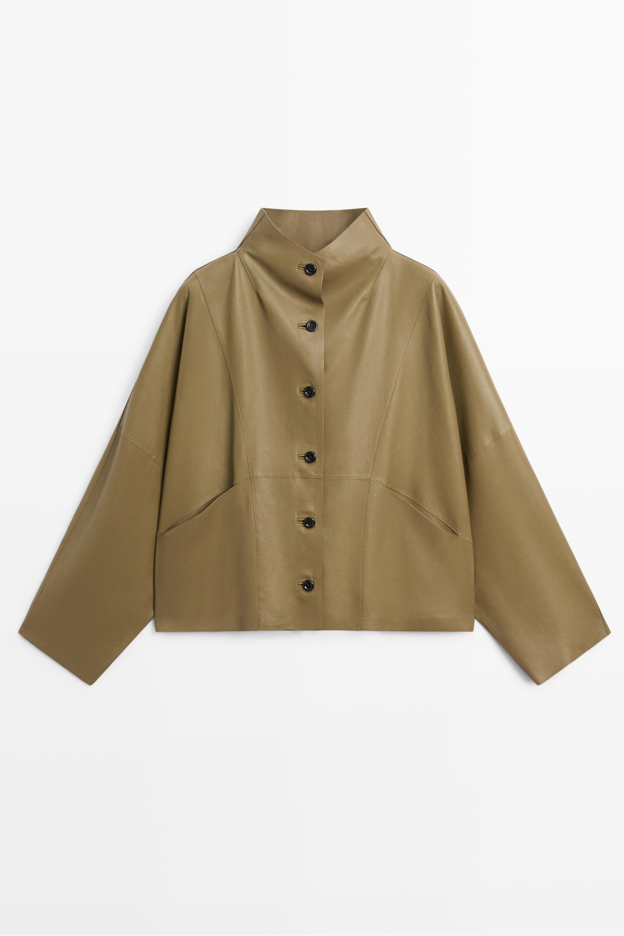 Stand collar nappa leather cropped jacket