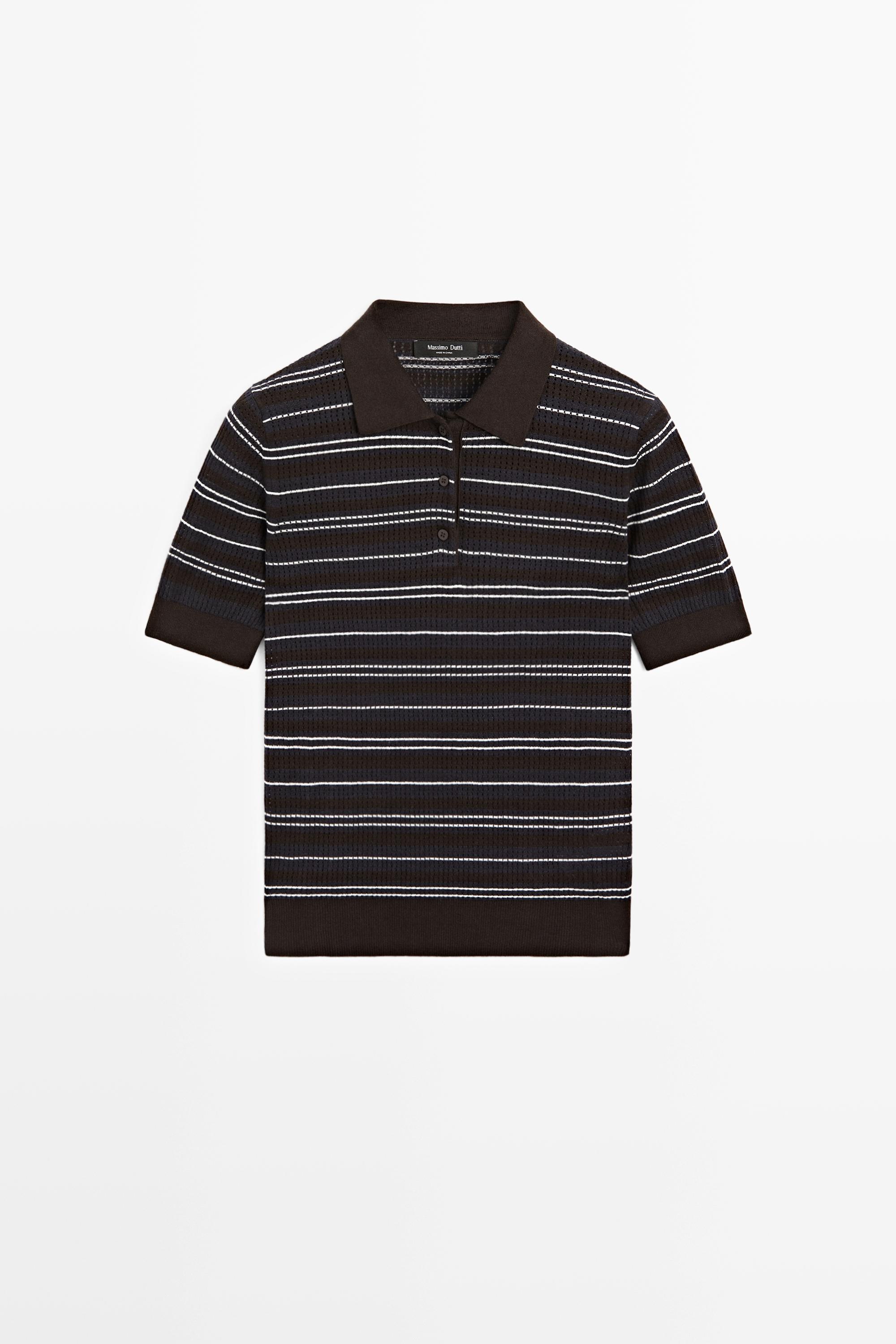 Cotton blend striped open-knit polo shirt
