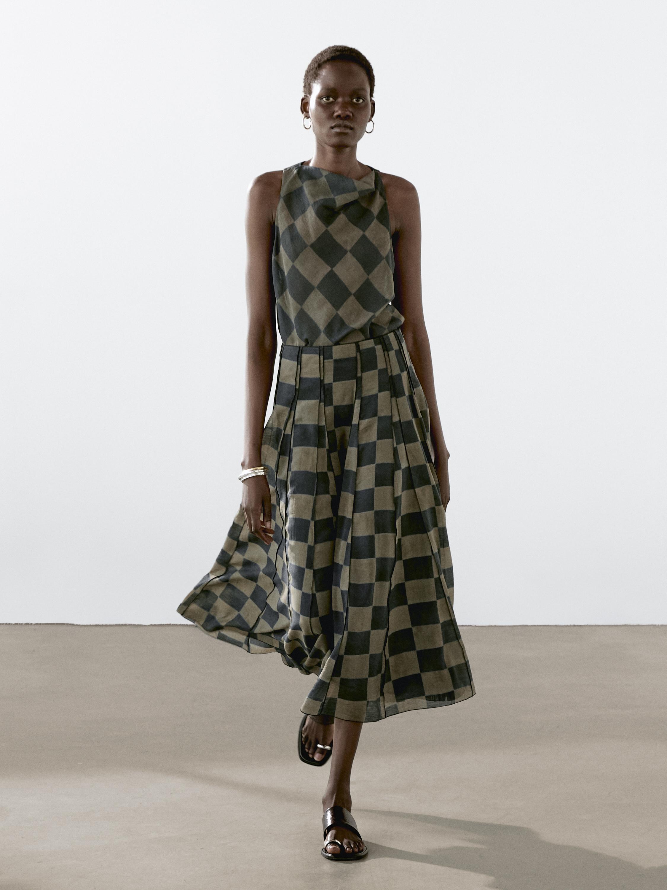 Flowing check midi skirt