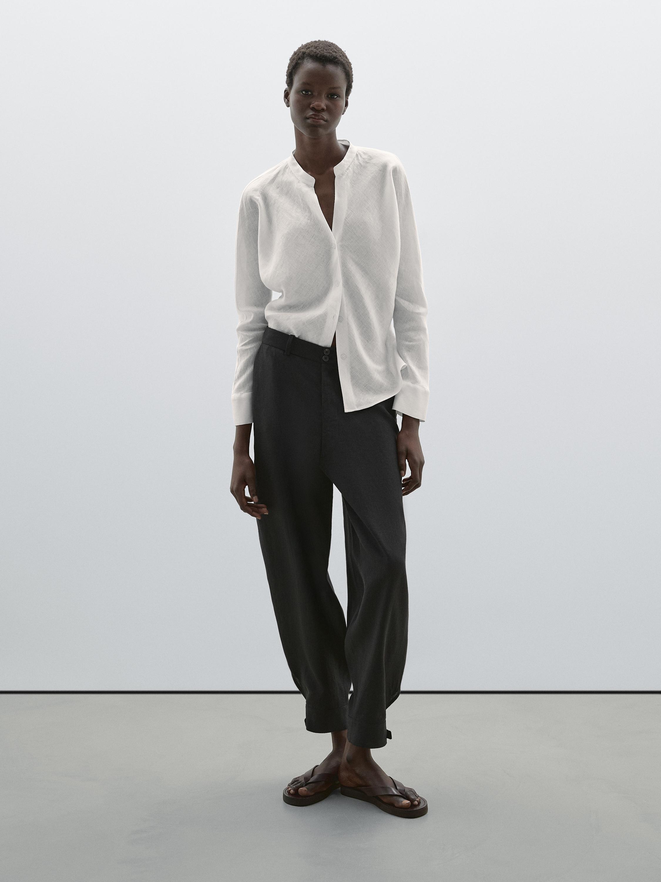 Flowing linen shirt with stand collar