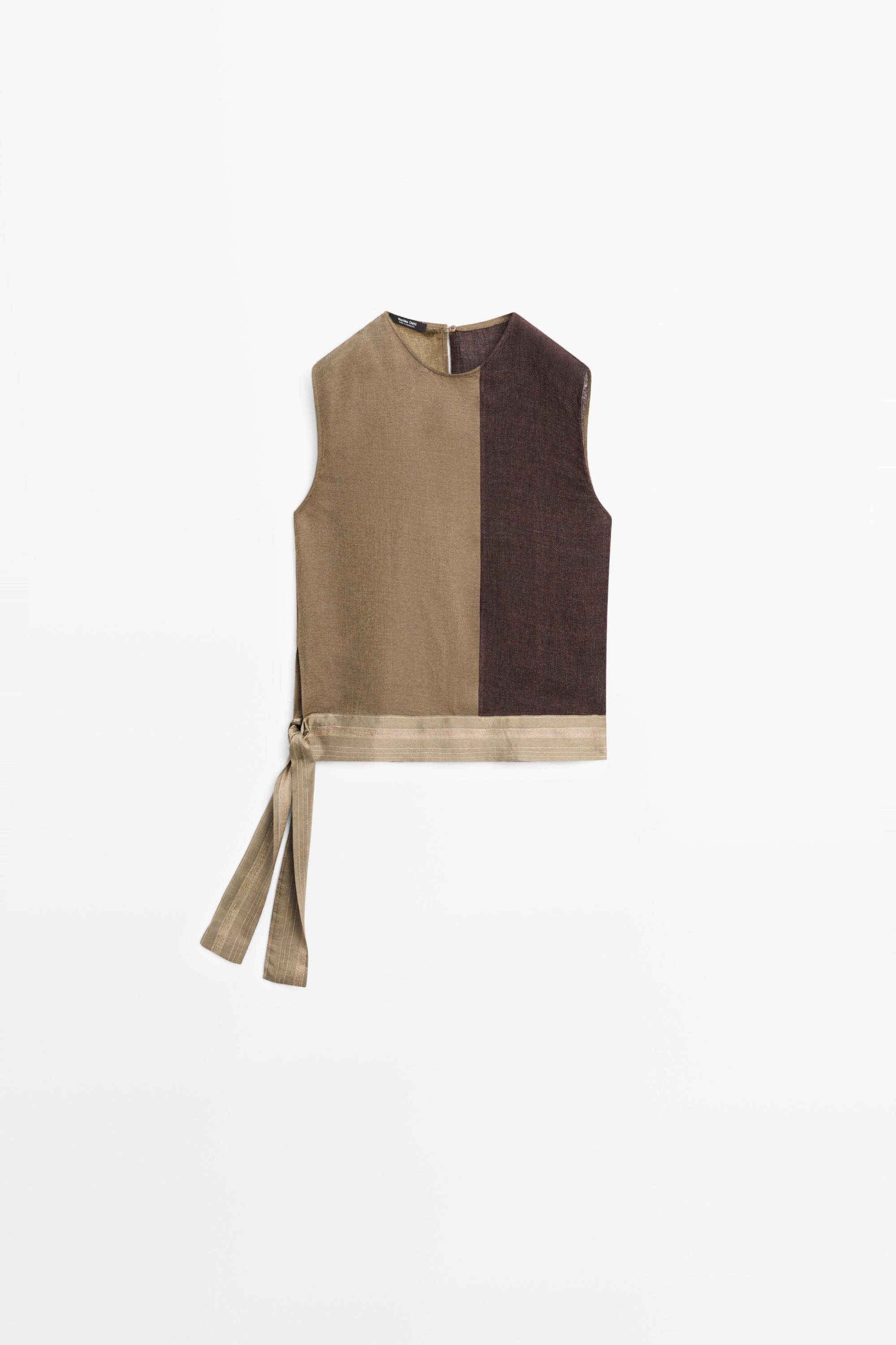 Linen-blend color-block flowing top