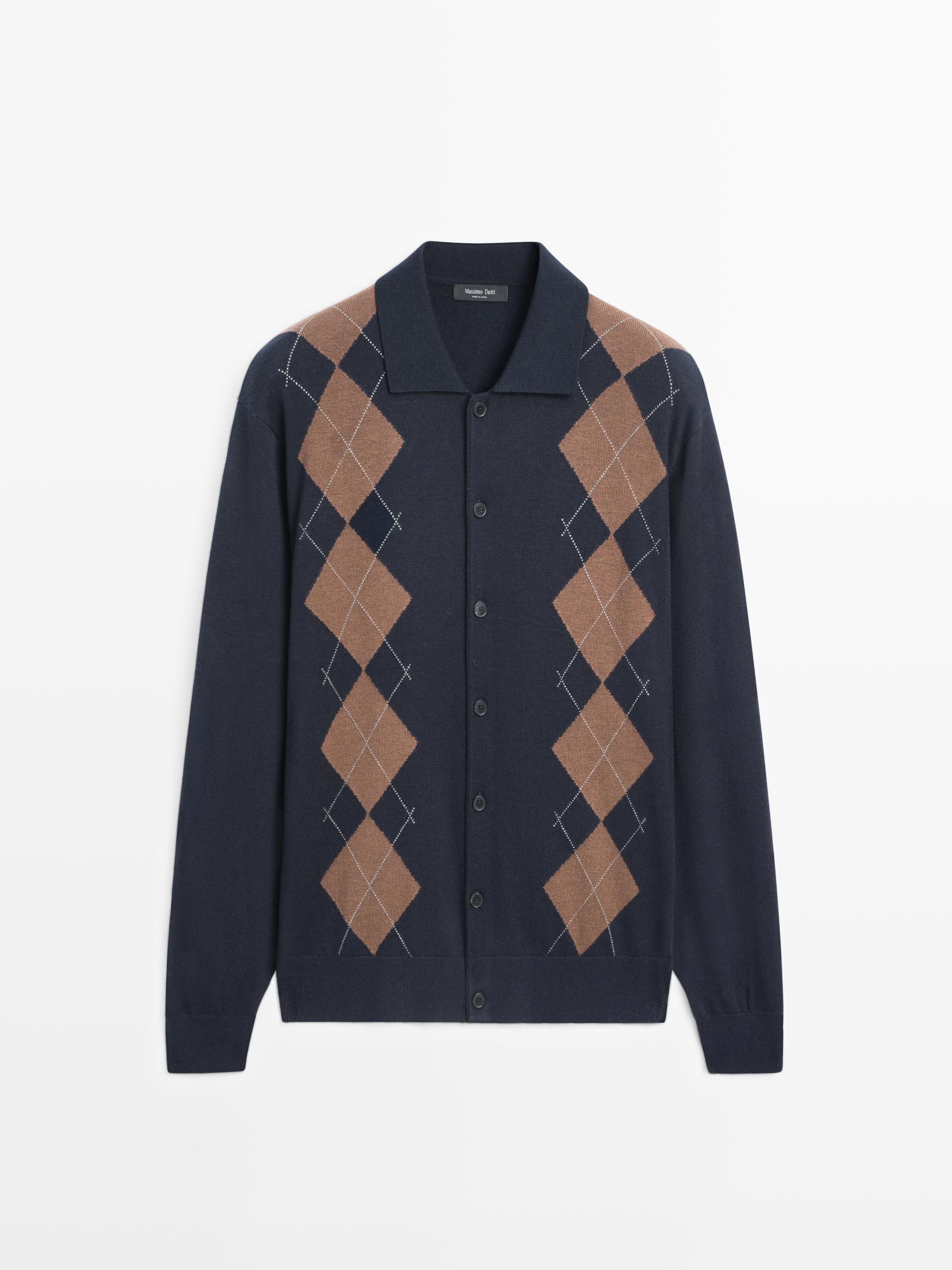 Wool blend argyle knit cardigan