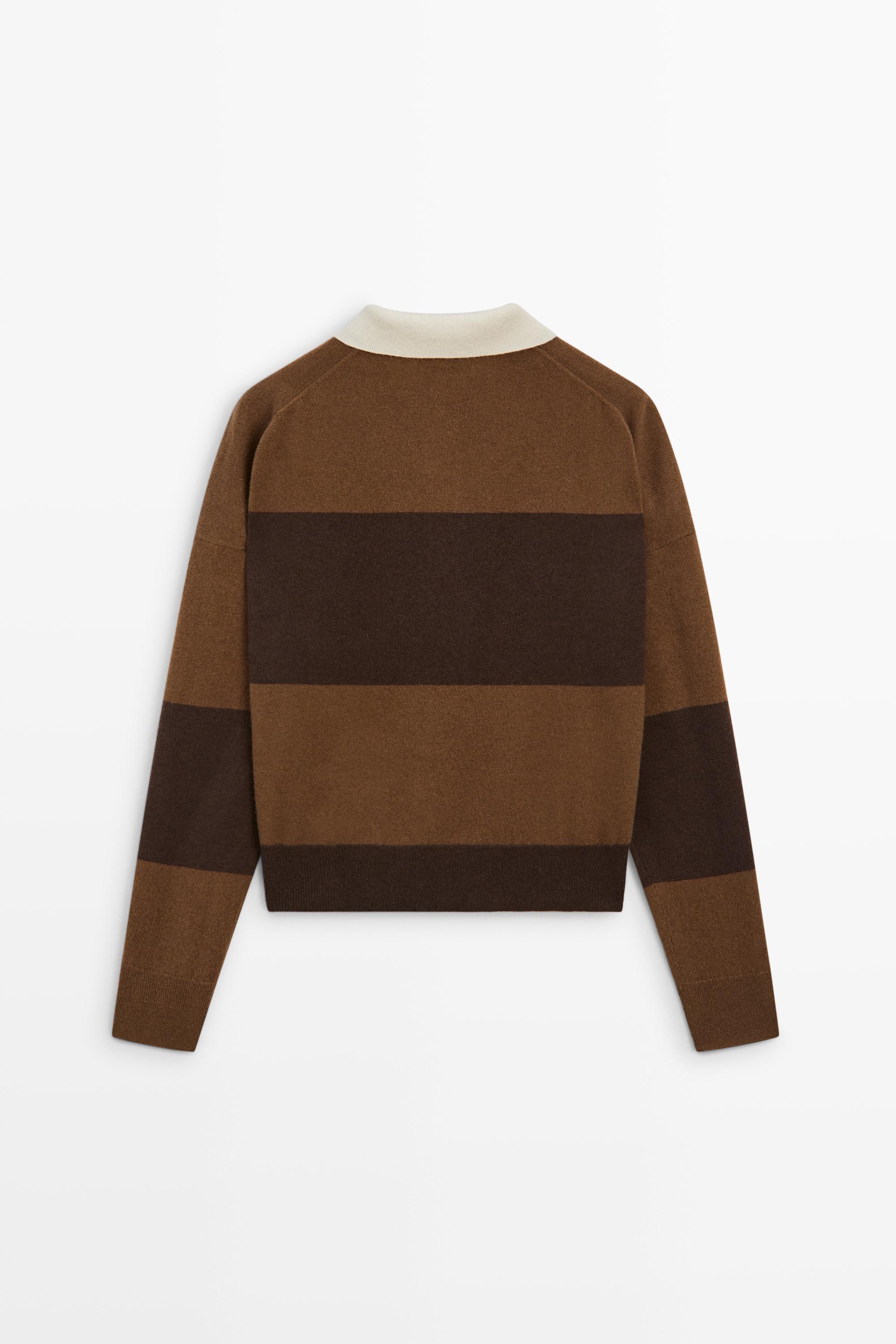 Striped knit sweater with polo collar