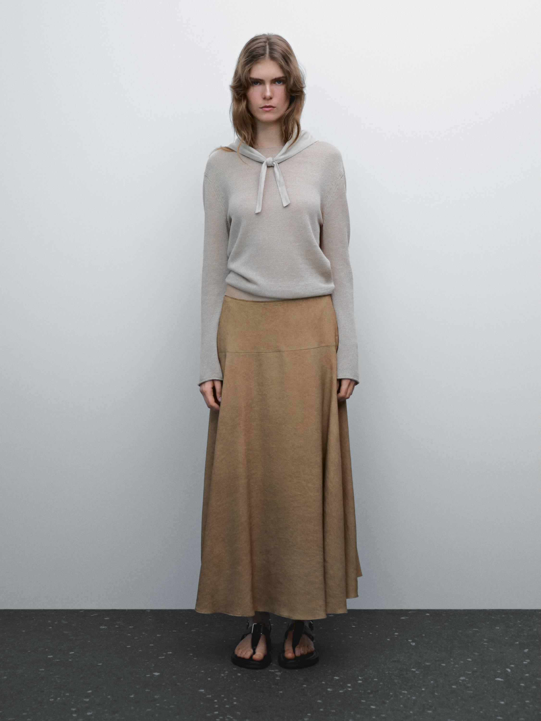 Flounce linen blend midi skirt
