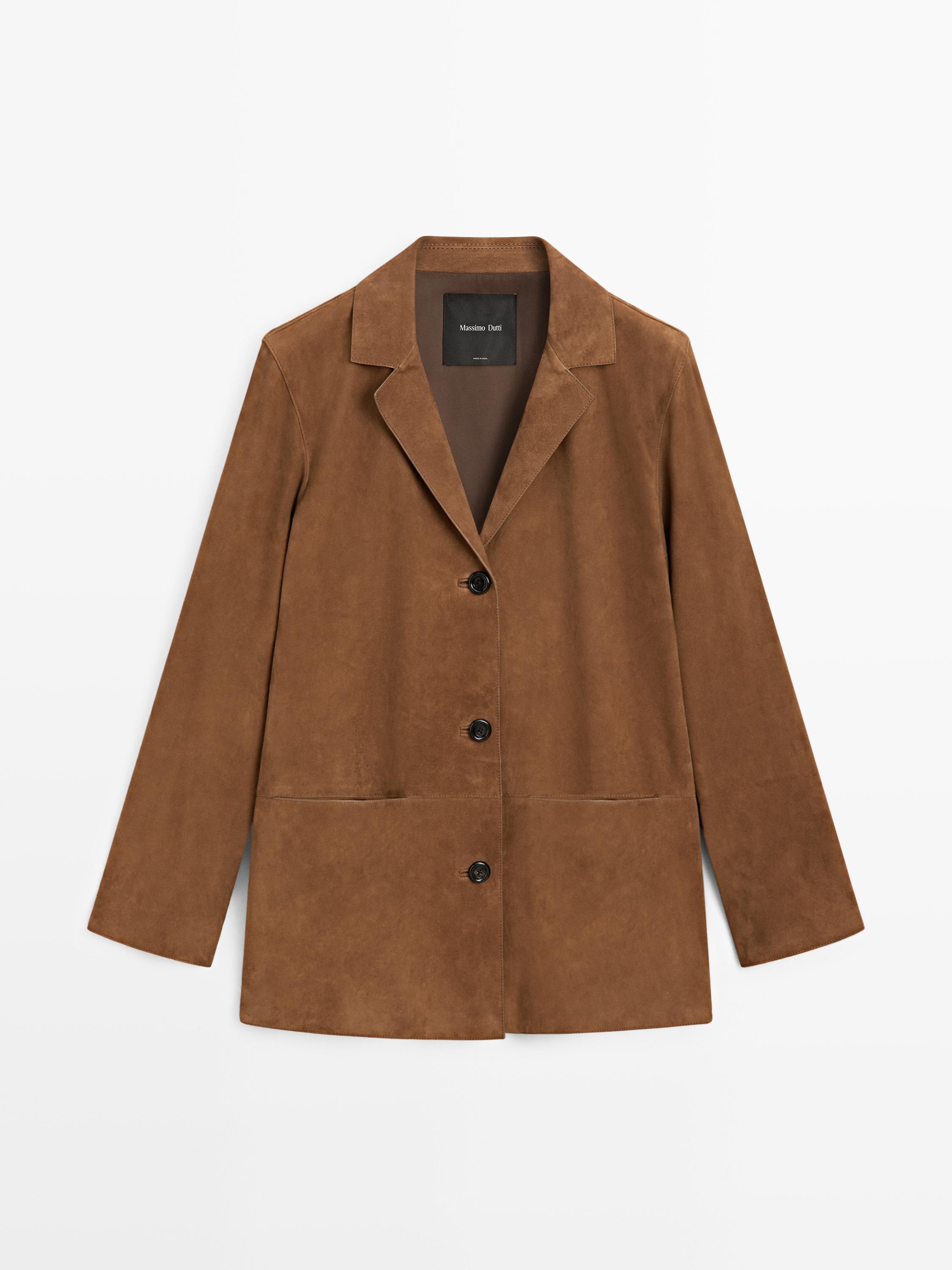 100% suede leather blazer with lapel collar