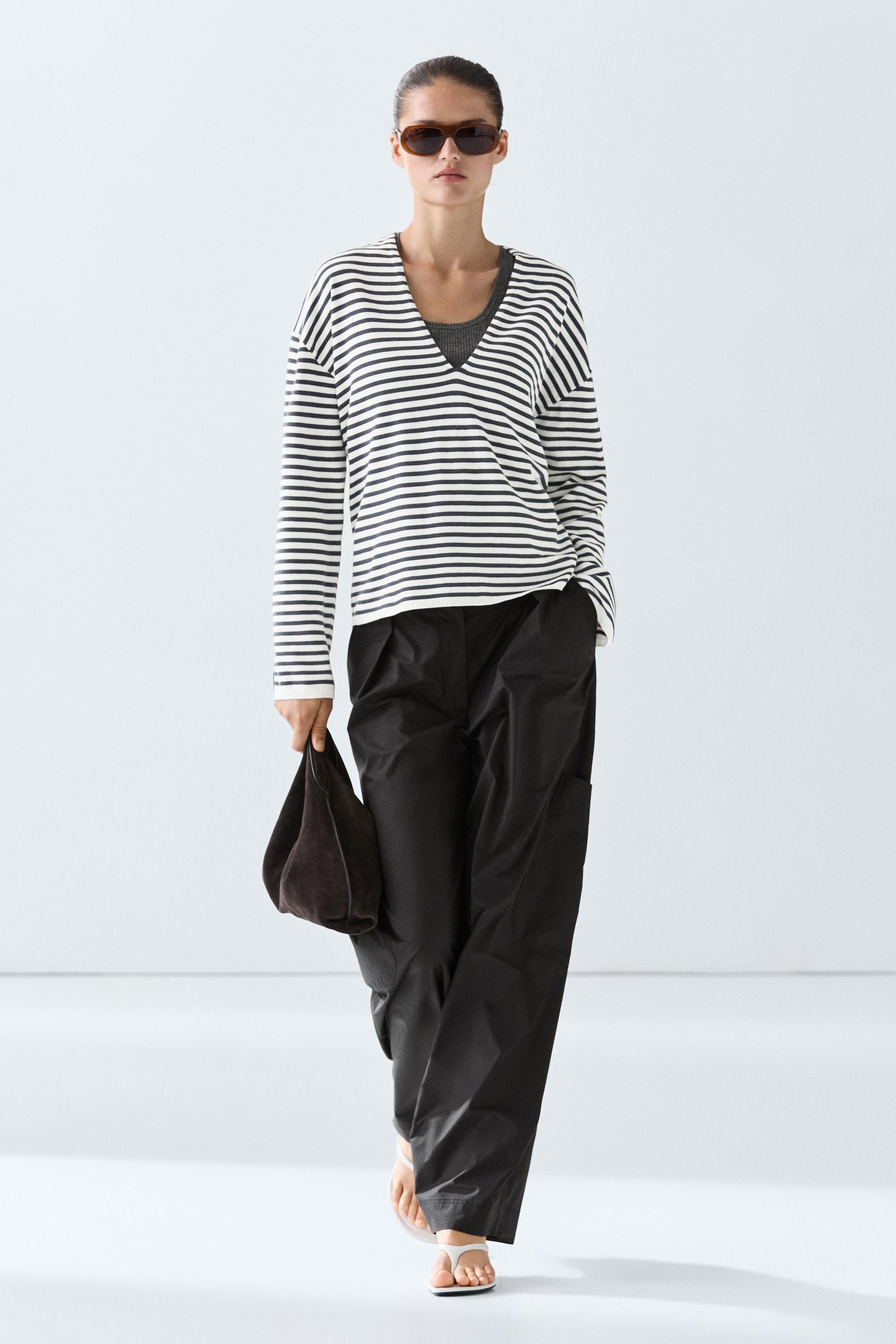 Striped V-neck knit sweater