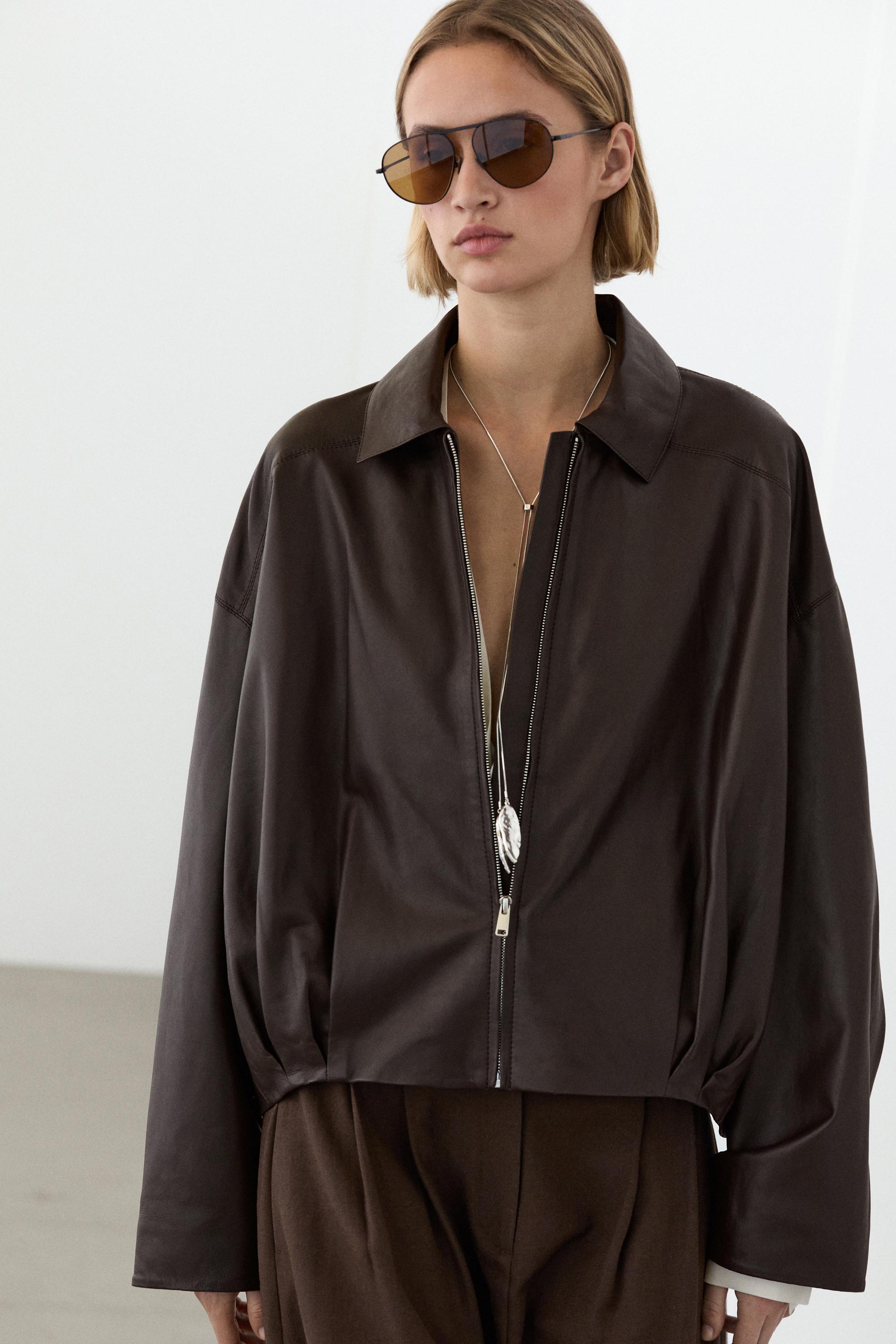 Nappa leather jacket with pleated detail