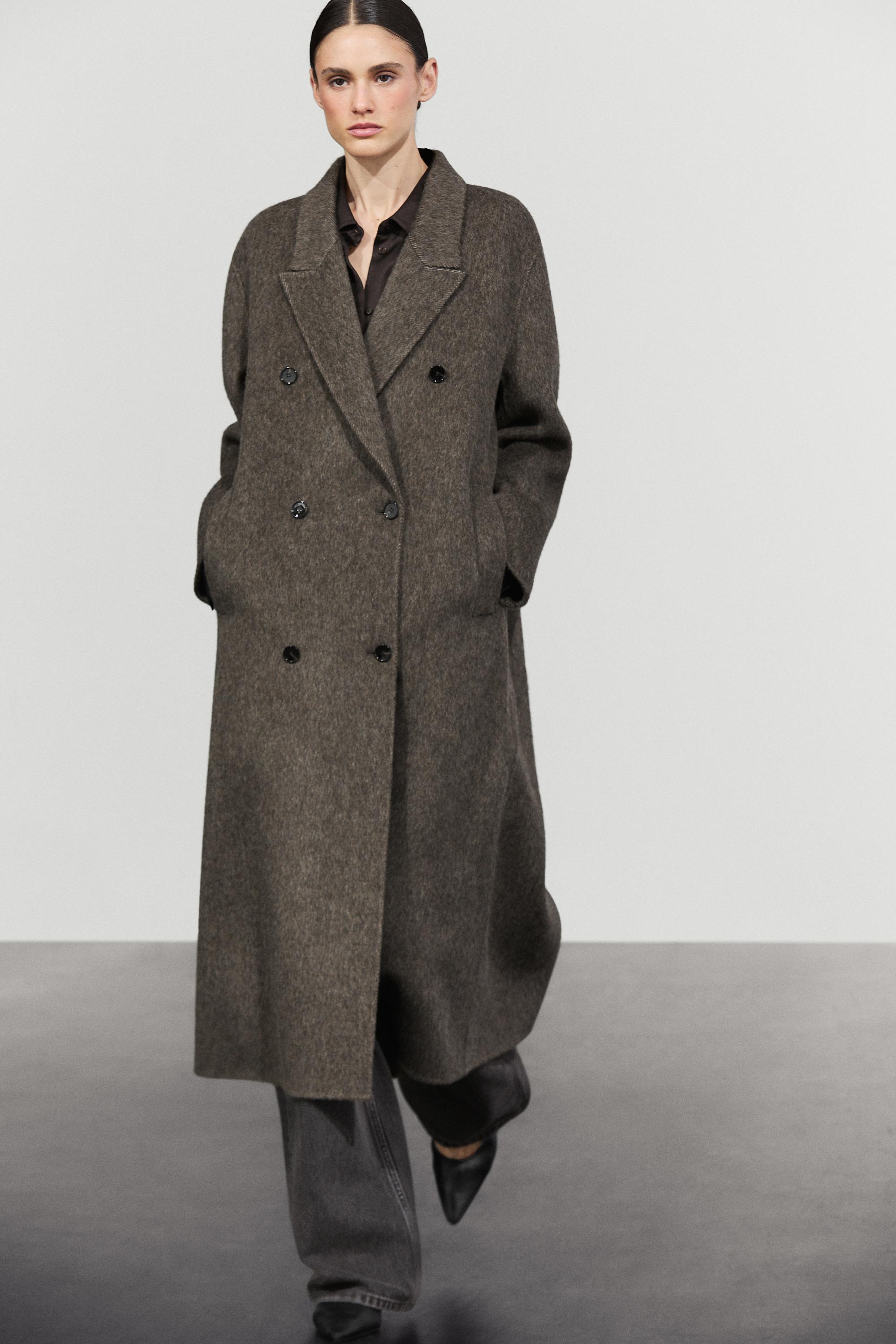 Long double-breasted wool blend coat