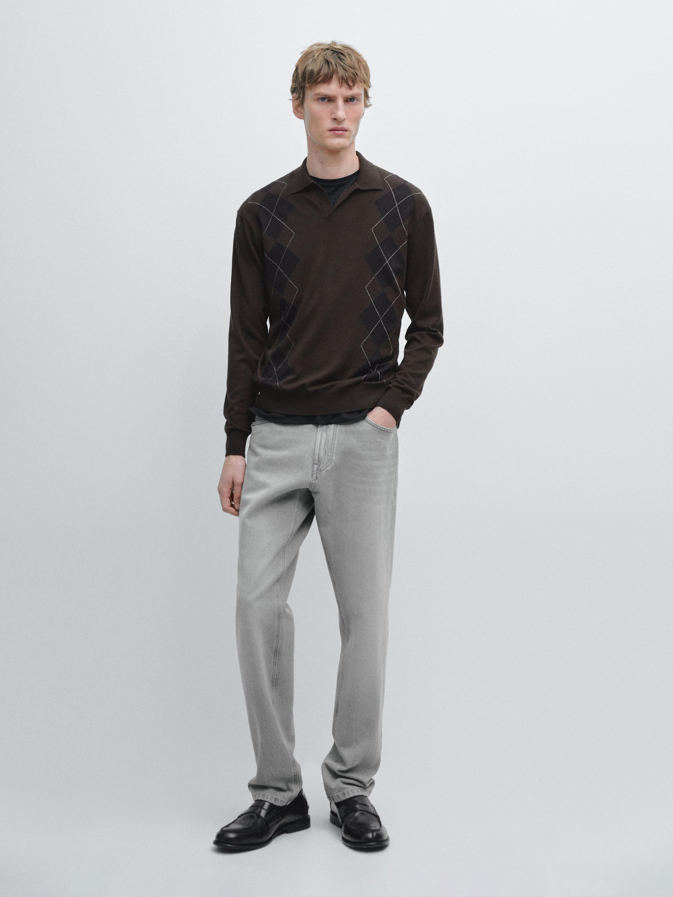 Wool blend argyle knit polo sweater