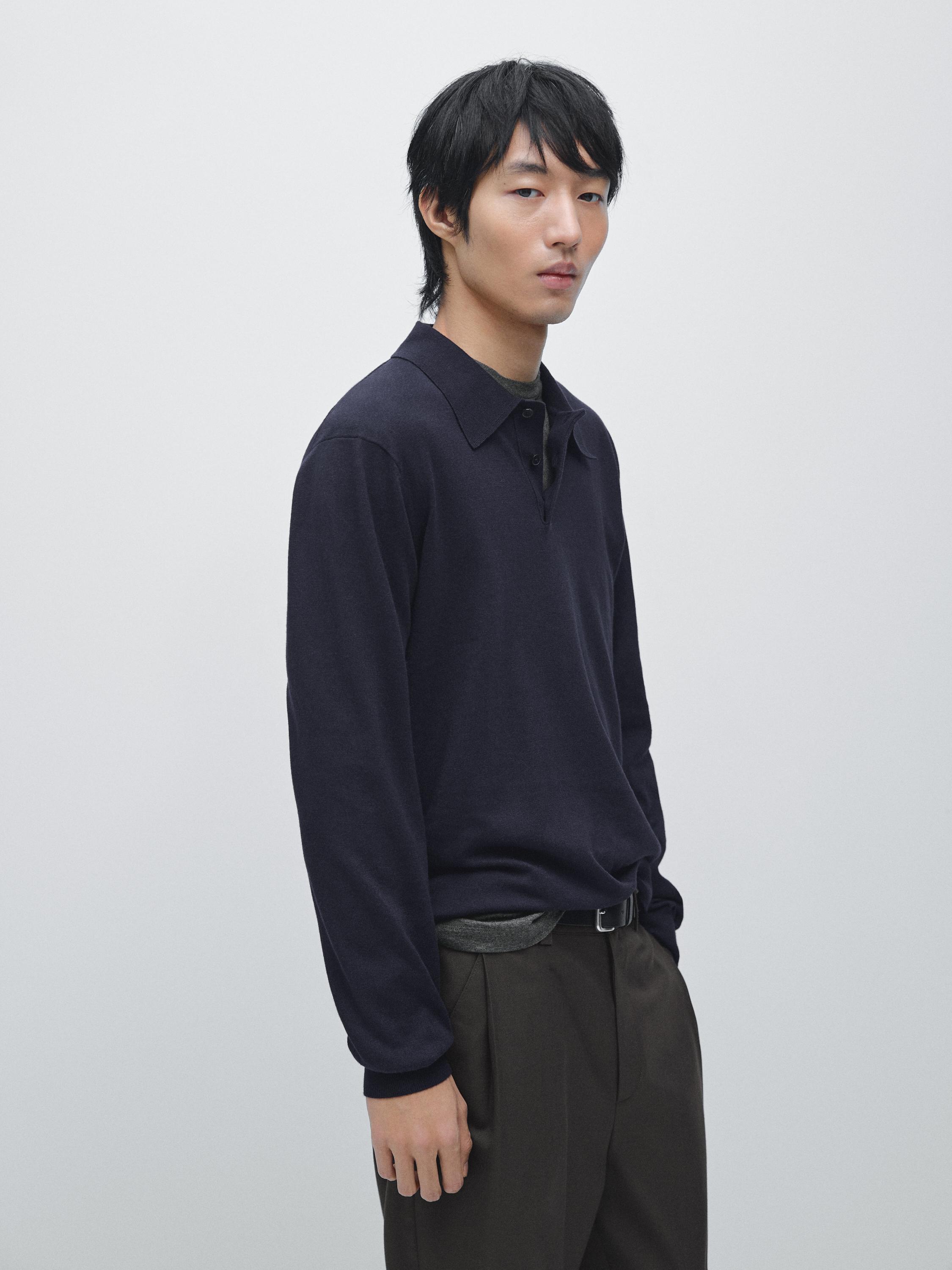 Cotton blend knit polo sweater