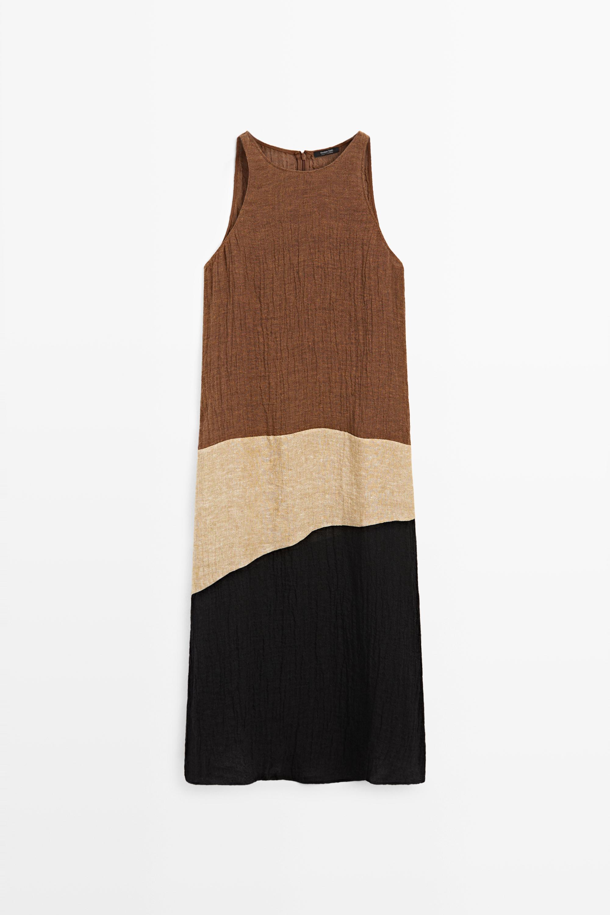 Combined linen blend midi dress