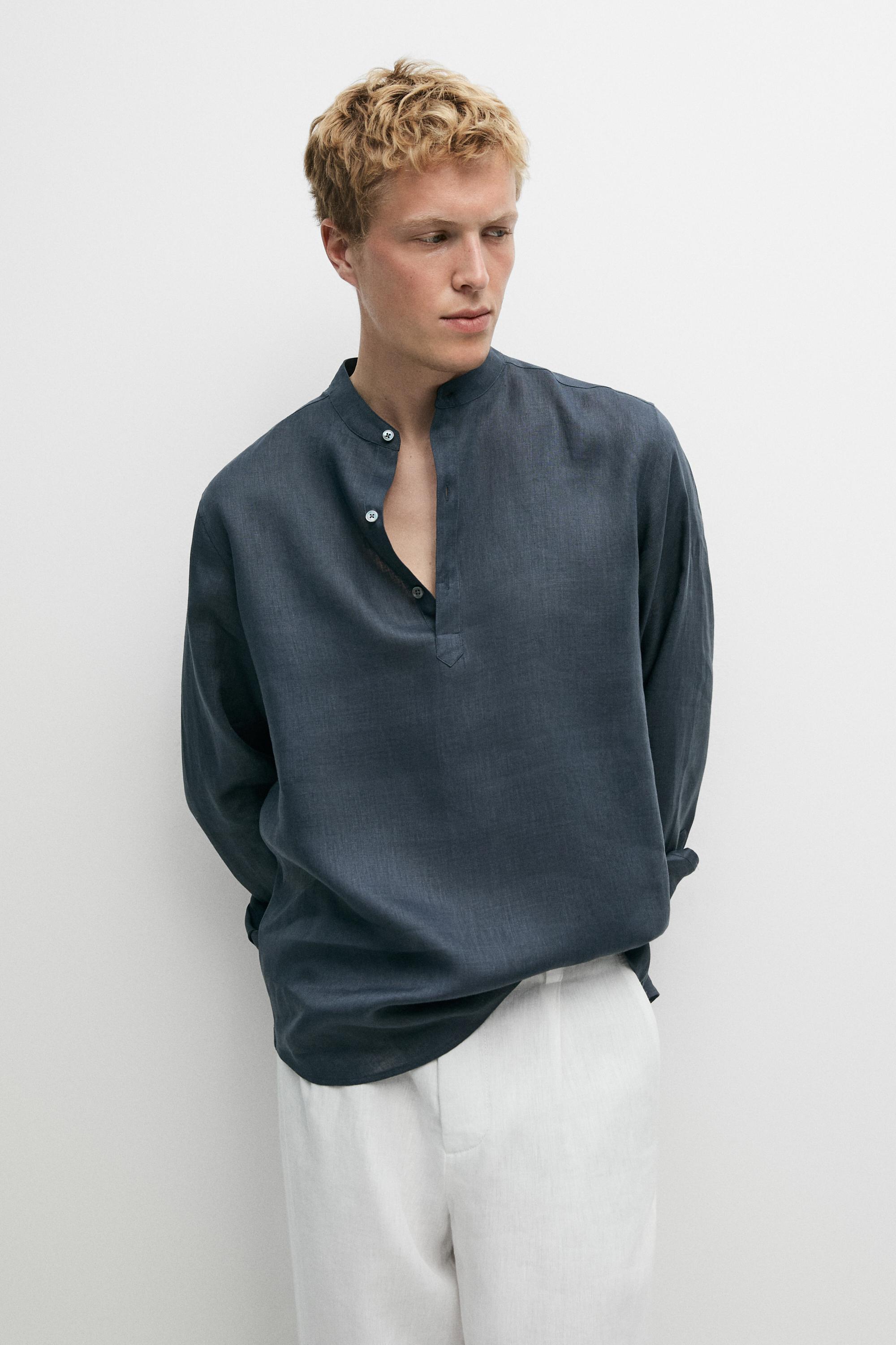 Regular fit stand collar 100% linen shirt