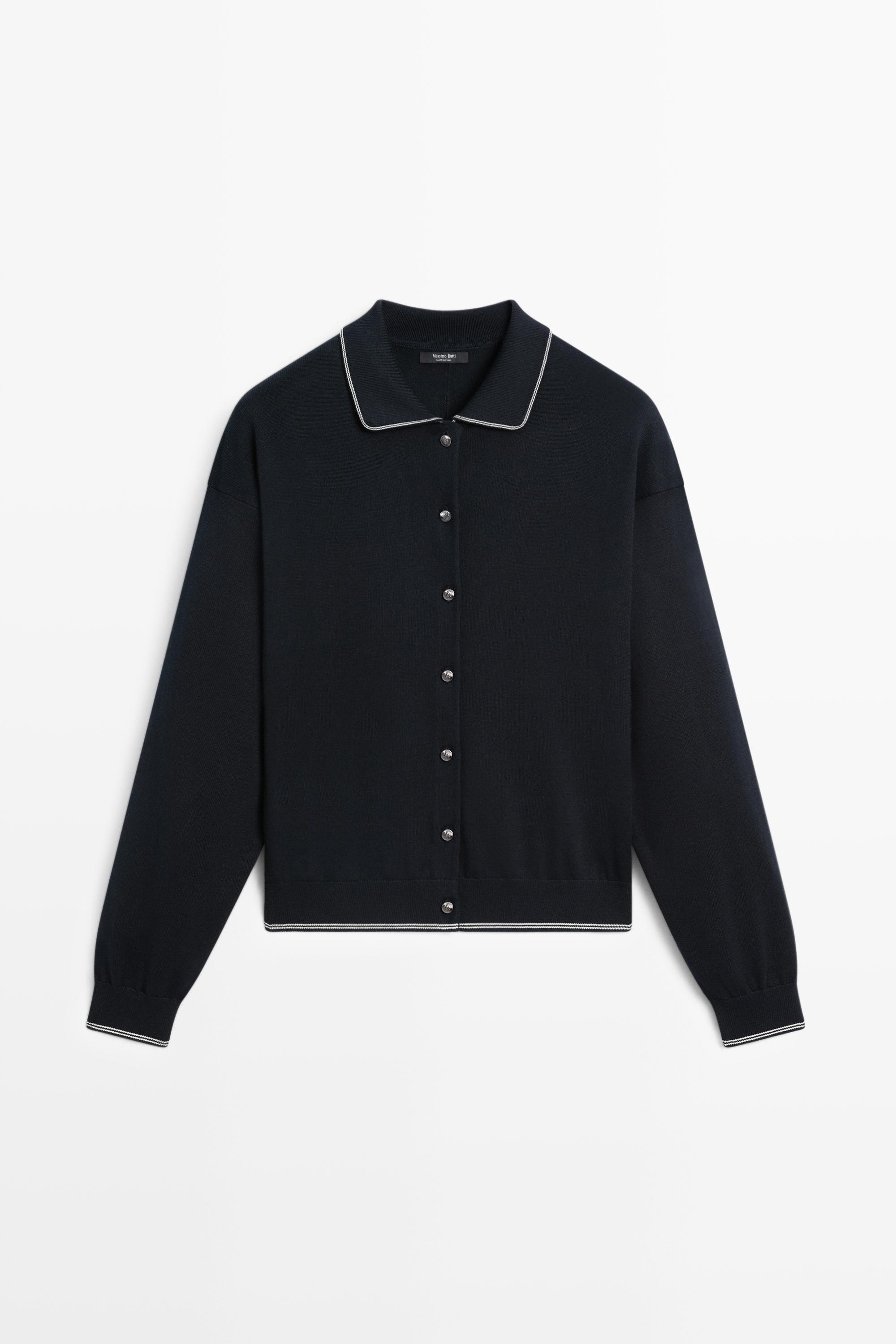 100% cotton contrast polo collar cardigan