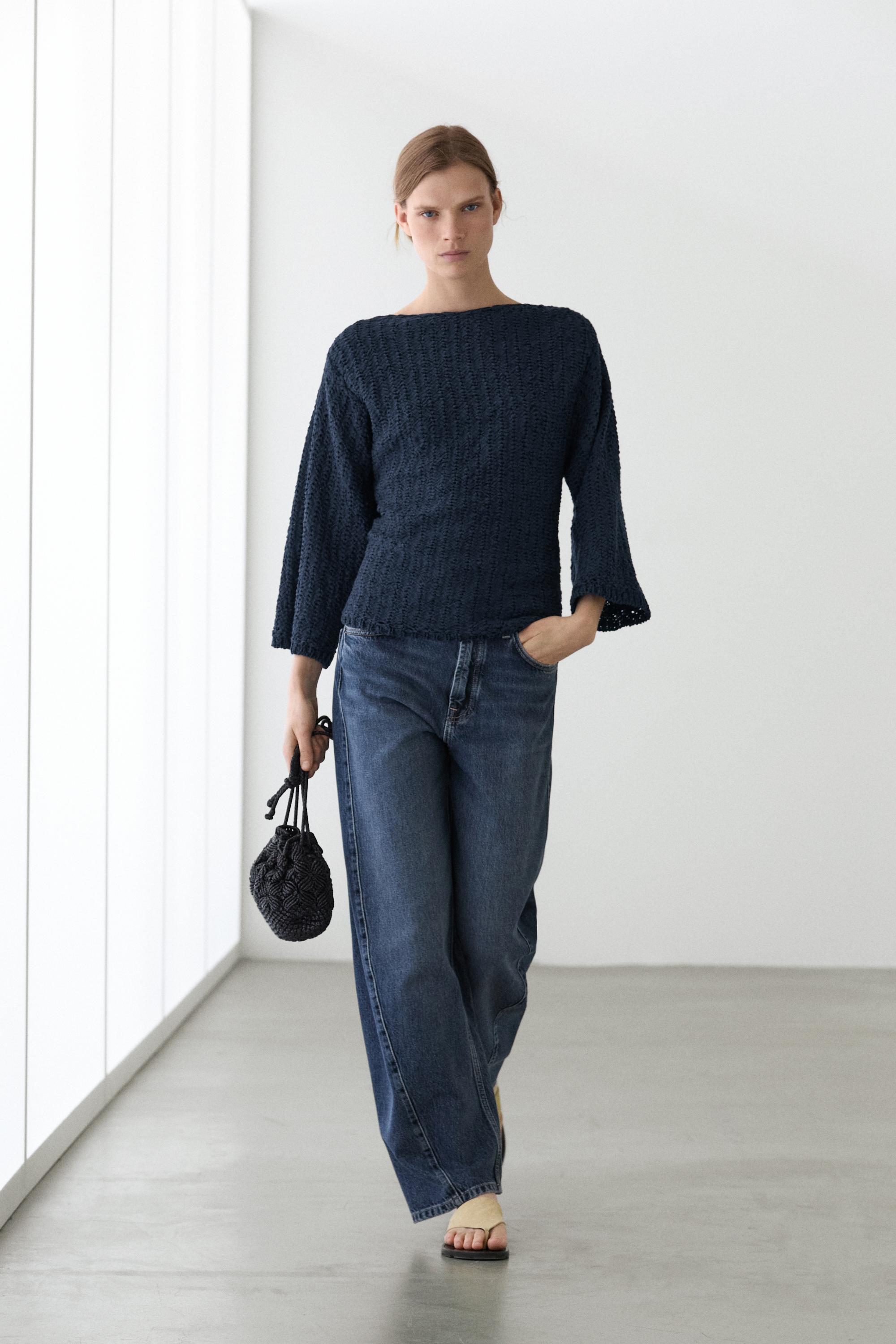 Textured cotton blend knit sweater