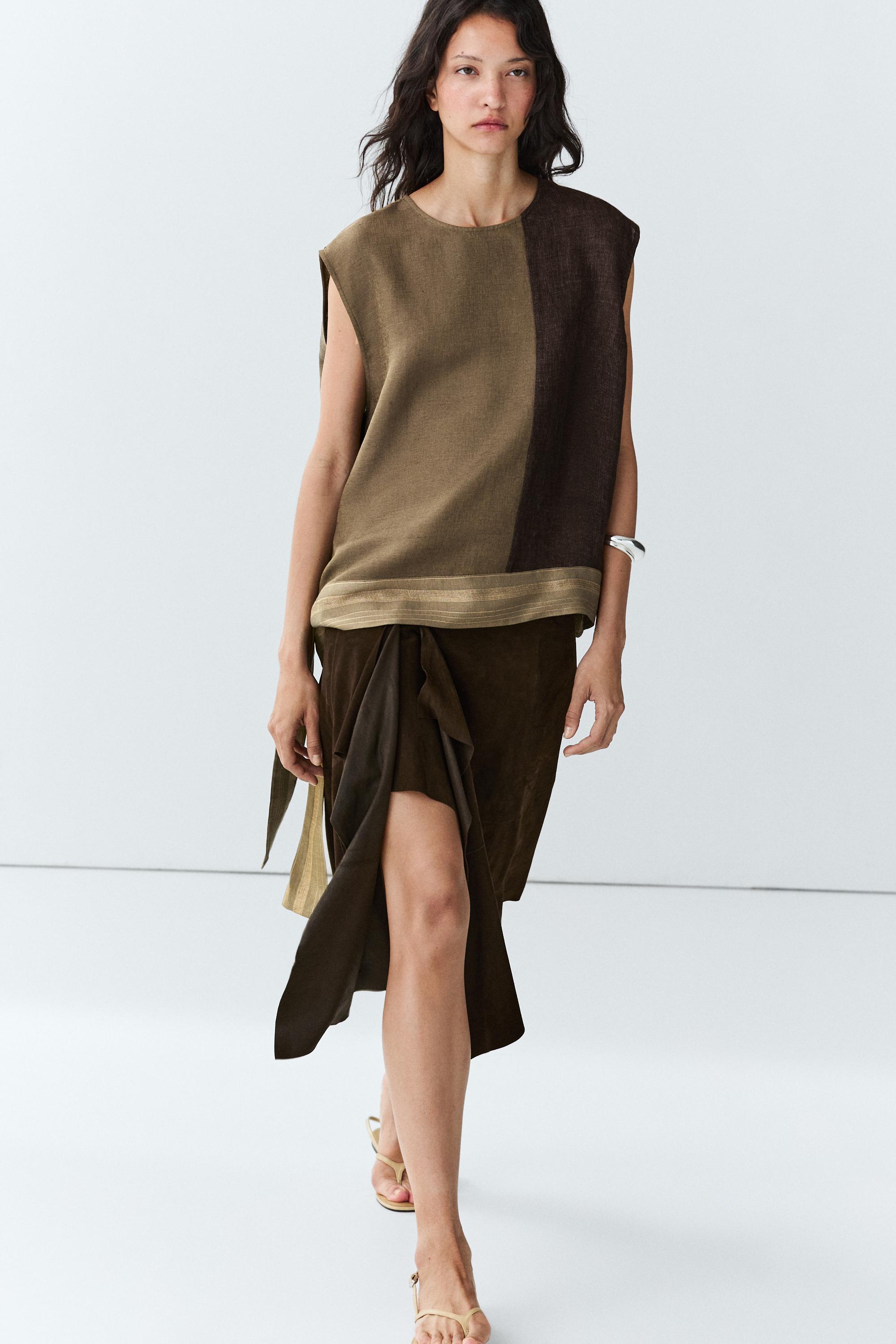 Linen-blend color-block flowing top