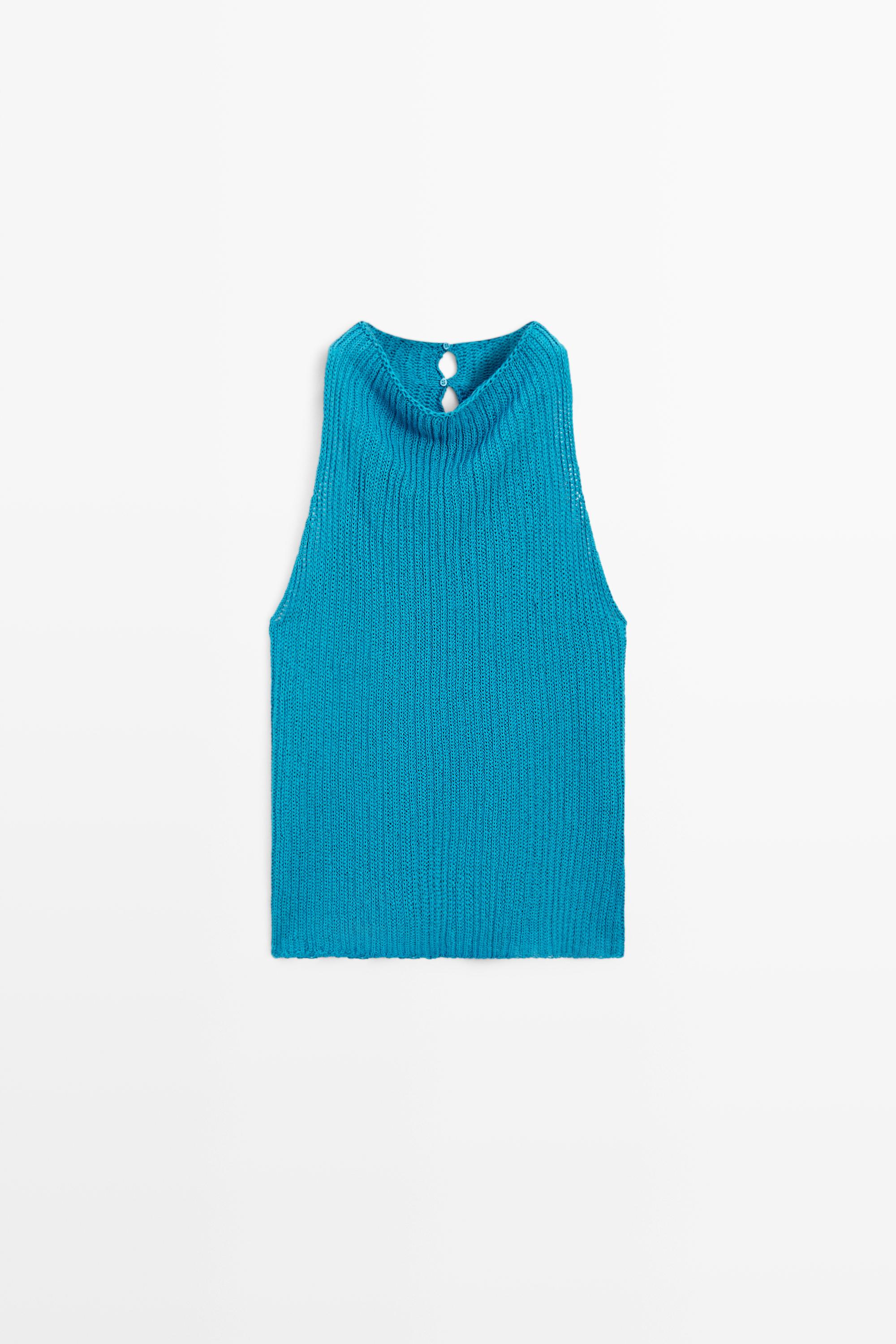 Linen blend knit button-detail top